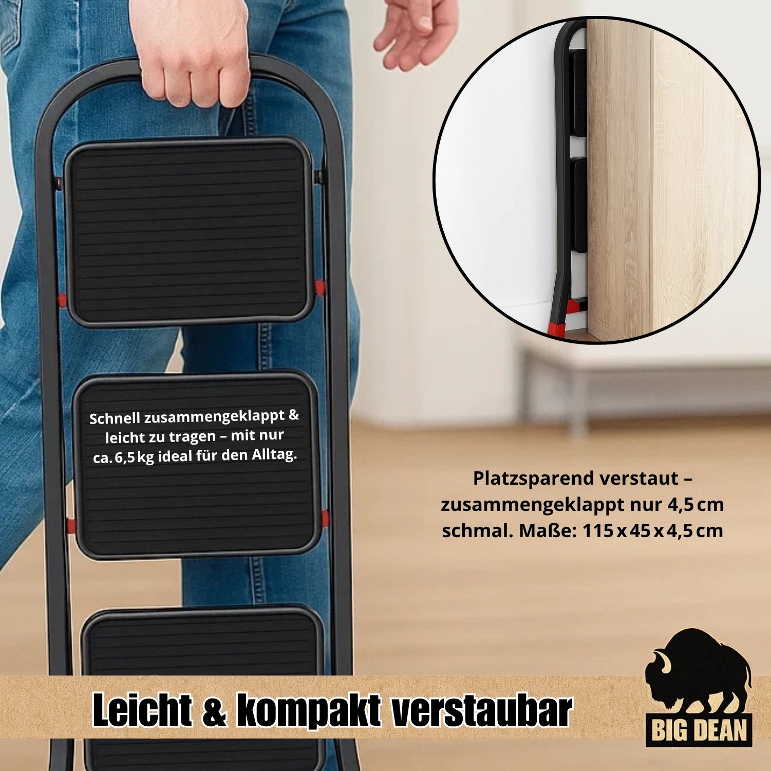 BigDean Haushalt Trittleiter 3 Stufen klappbar TÜV 150 kg