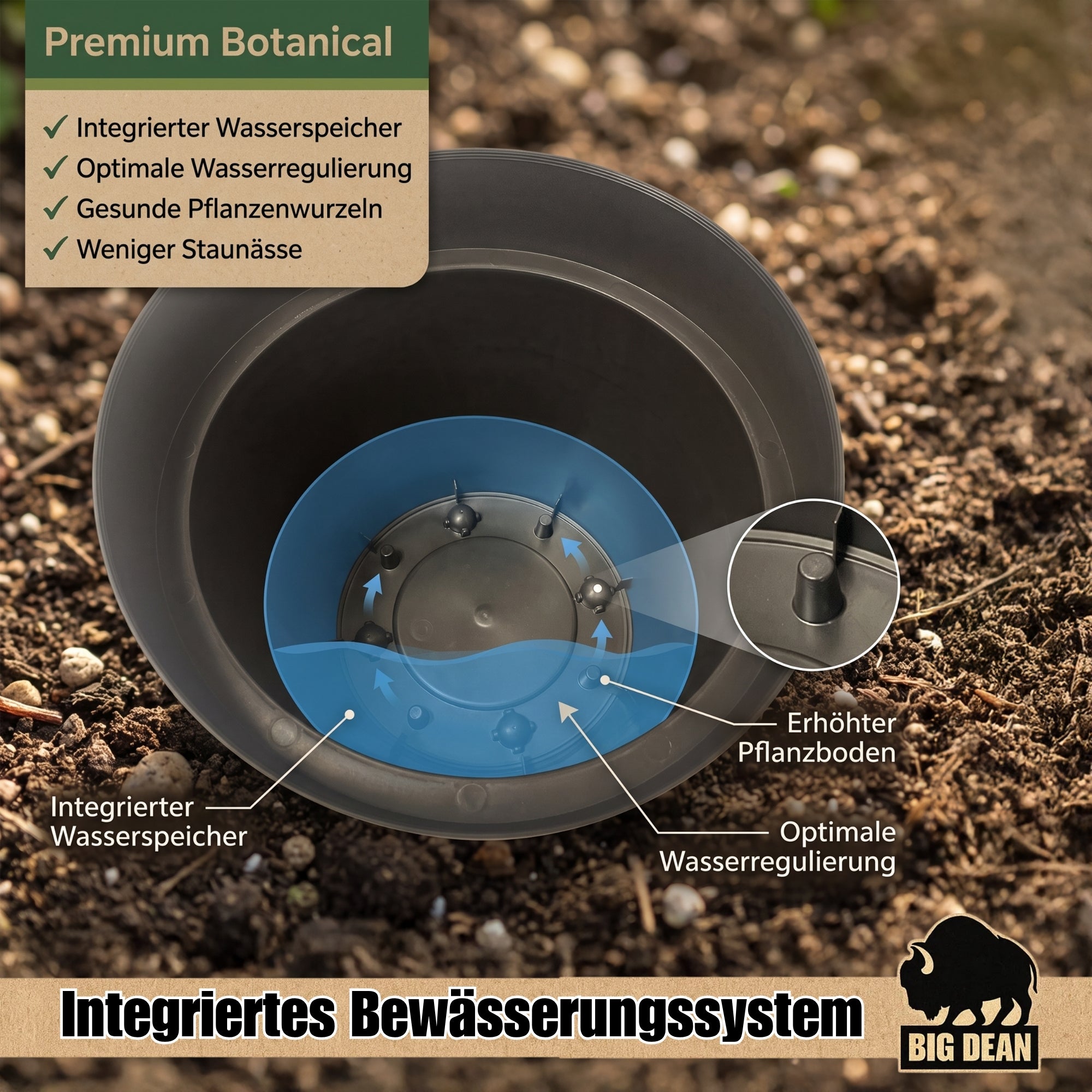 BigDean 3x Blumentopf ø 40 cm Pflanzkübel anthrazit Wasserspeicher