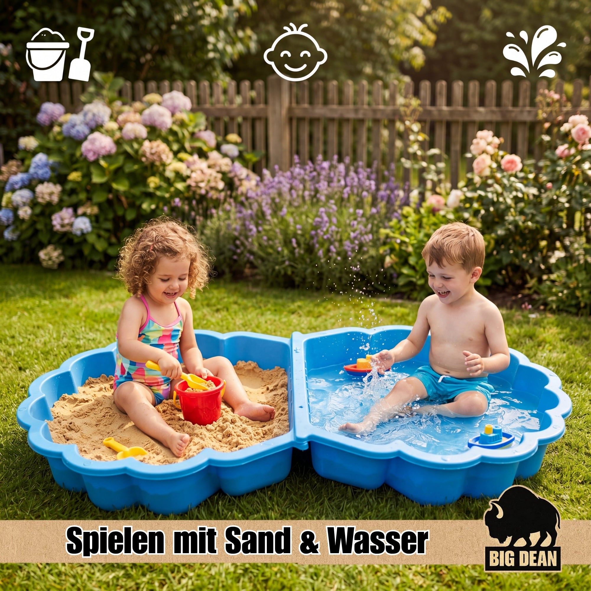 BigDean XXL Sandmuschel Sandkasten mit Deckel Blau