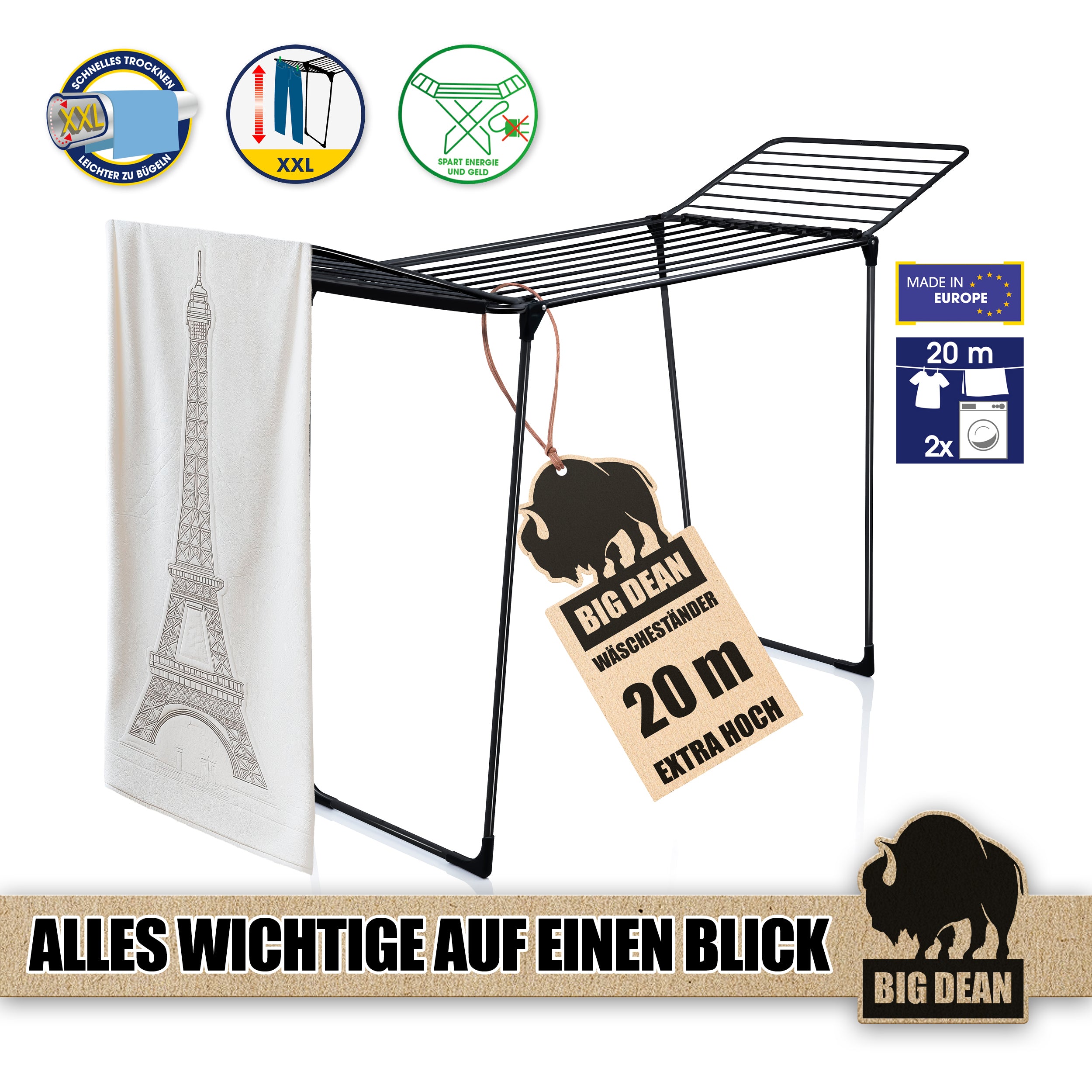 BigDean Wäscheständer 200 Schwarz 20m XXL extra hoch
