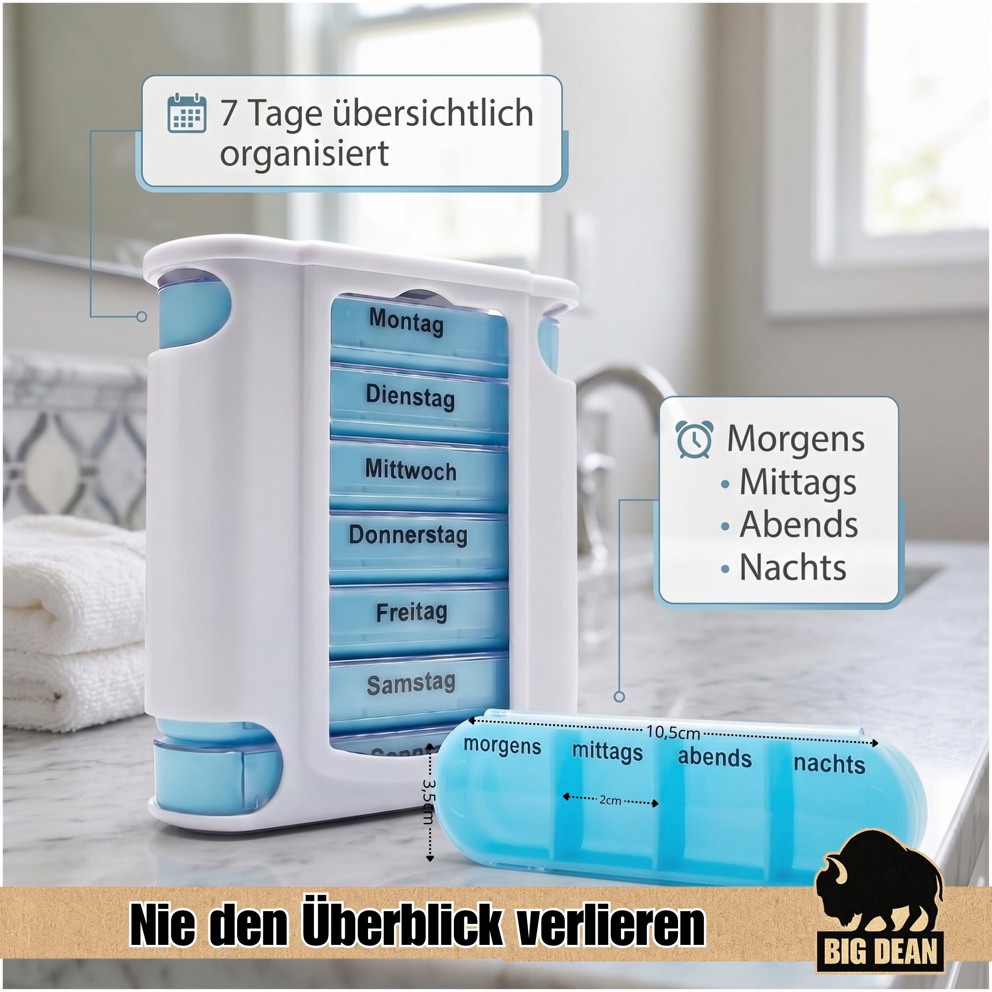 BigDean Tablettenbox 7 Tage 4 Fächer 10er Set BPA-frei