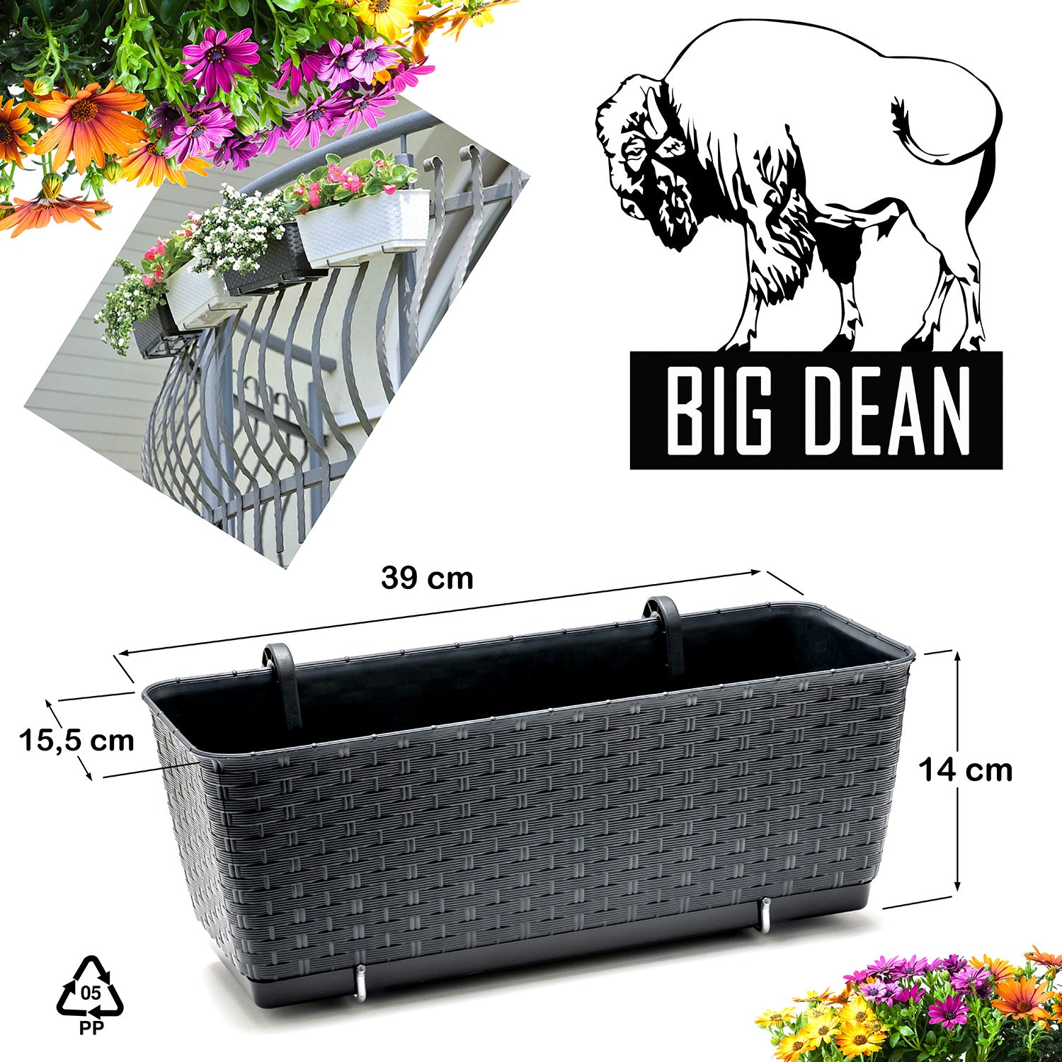 BigDean Blumenkästen 6er-Set Rattan Anthrazit 39cm