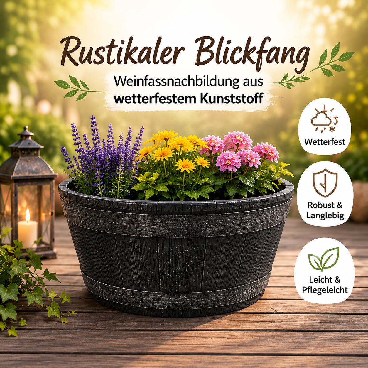 BigDean Garten Weinfass Kunststoff 38 L Holzoptik Trog