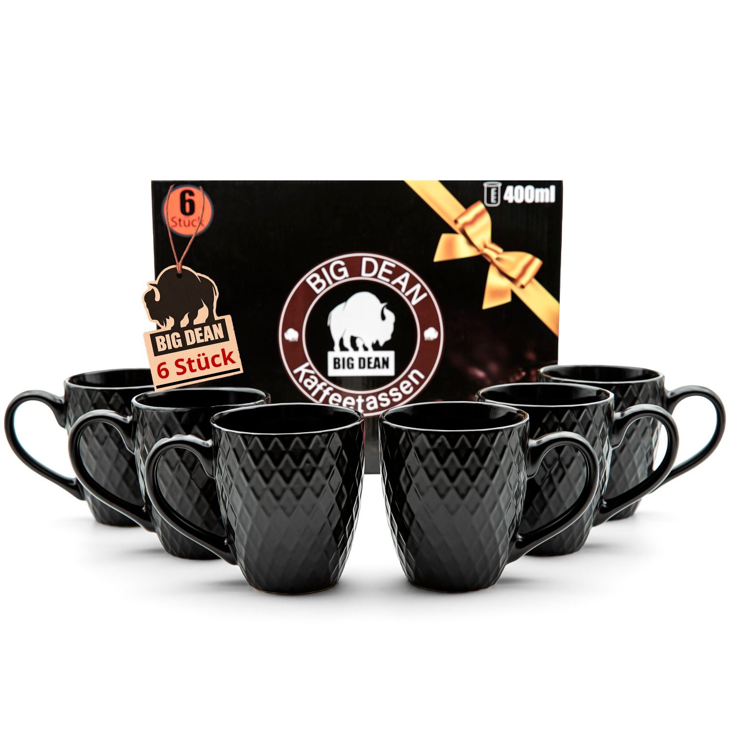 BigDean Küche Kaffeetassen 400ml schwarz matt 6er Keramik
