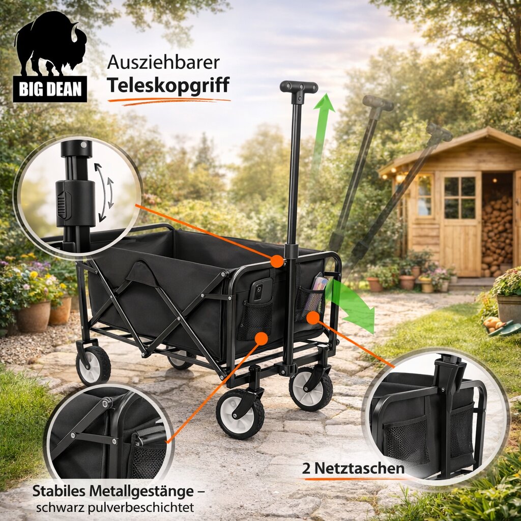 BigDean Garten & Außenbereich Bollerwagen faltbar 80kg schwarz