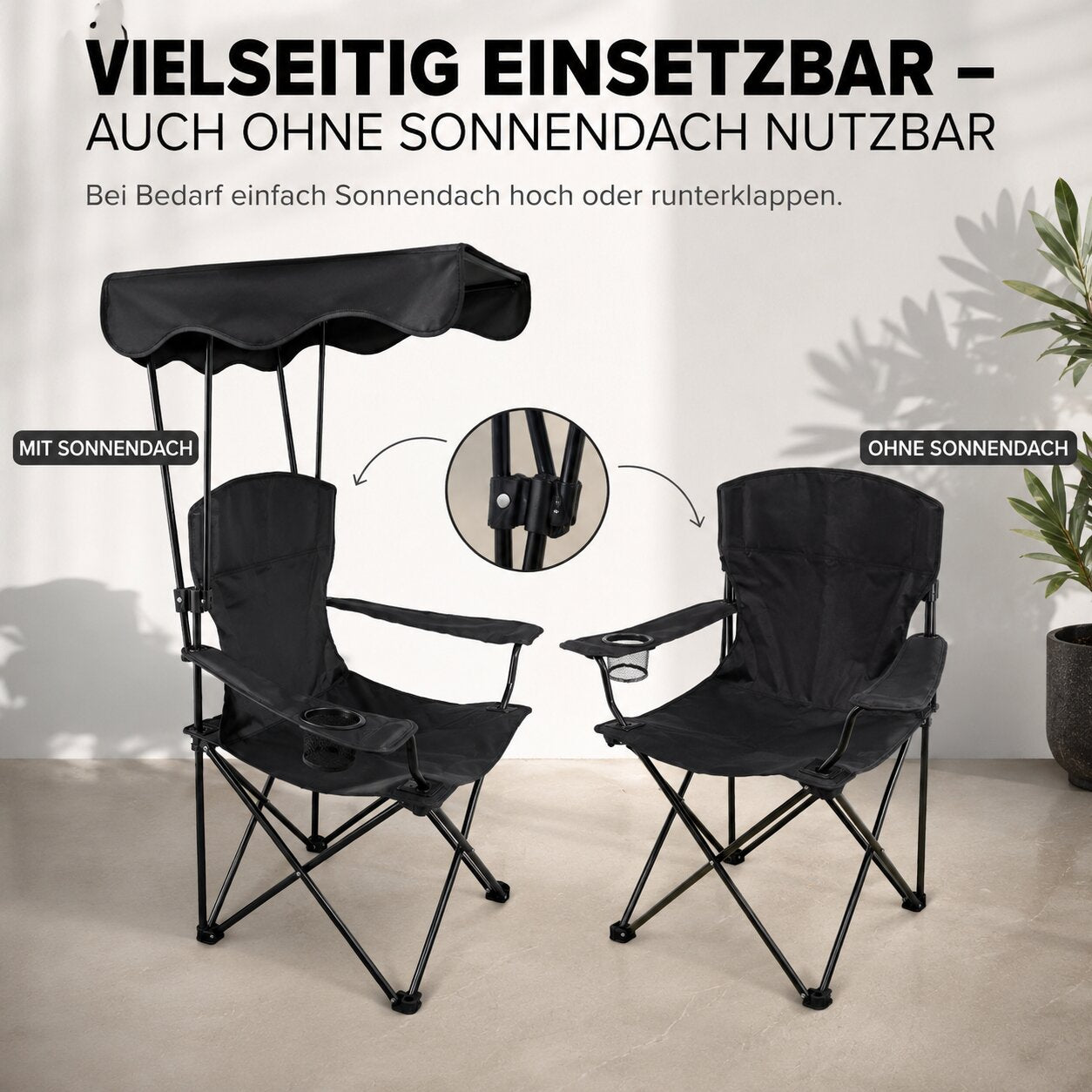 BigDean Garten Campingstuhl Sonnenschutz Schwarz mit Dach 2-in-1