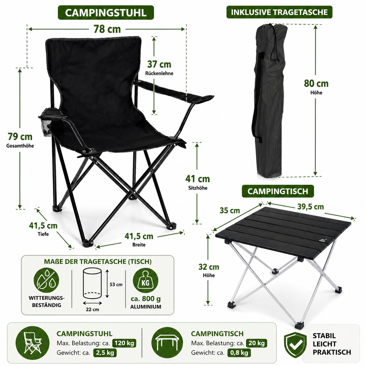 BigDean Campingstuhl mit Tisch Set klappbar schwarz