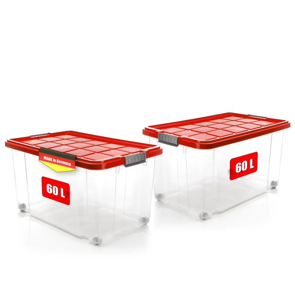 BigDean Aufbewahrungsbox 60L mit Deckel Rot 2er Stapelbar