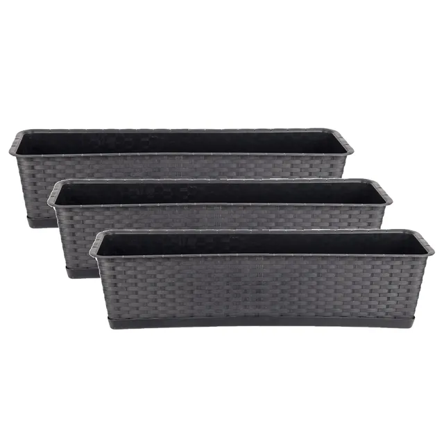 BigDean Garten 3er Blumenkasten 70 cm Rattan Anthrazit Untersetzer