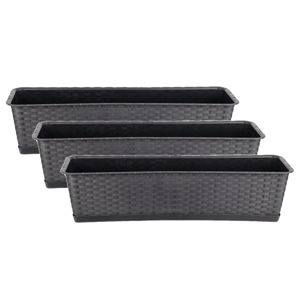 BigDean Garten 3er Blumenkasten 70 cm Rattan Anthrazit Untersetzer
