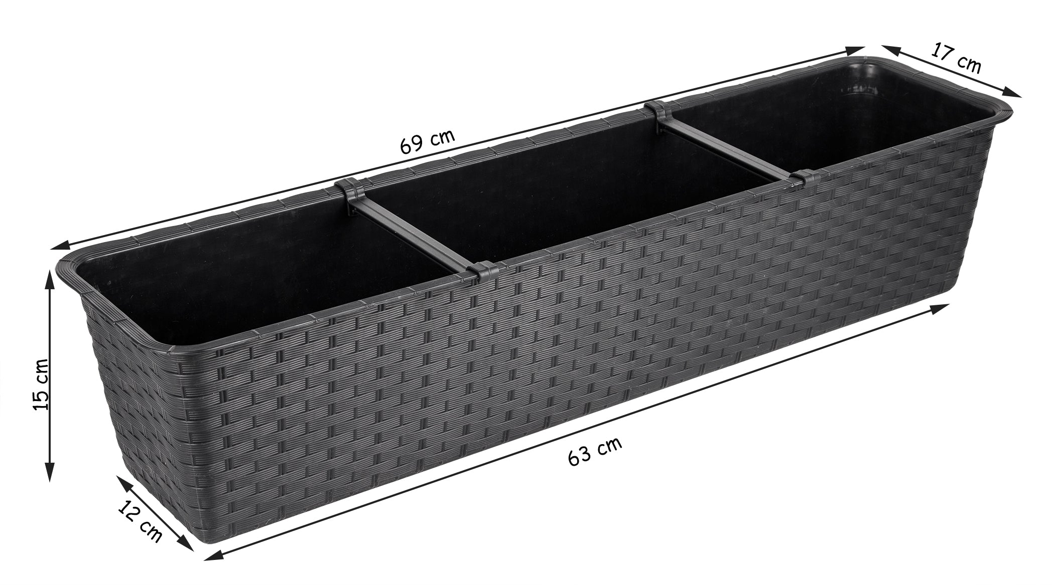 BigDean Garten 3er Blumenkasten 70 cm Rattan Anthrazit Untersetzer