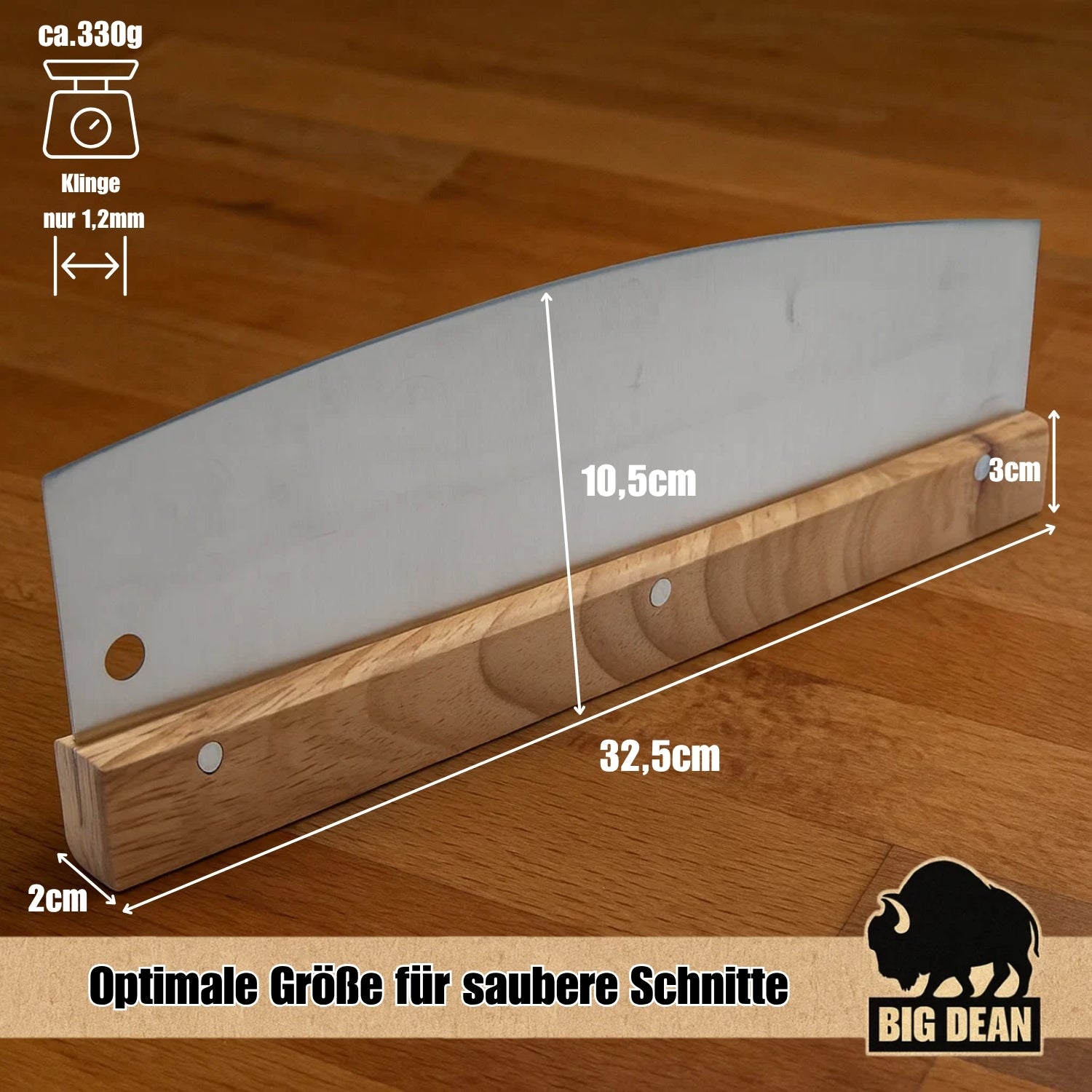 BigDean Pizzamesser Wiegemesser 32 cm Edelstahl Holzgriff