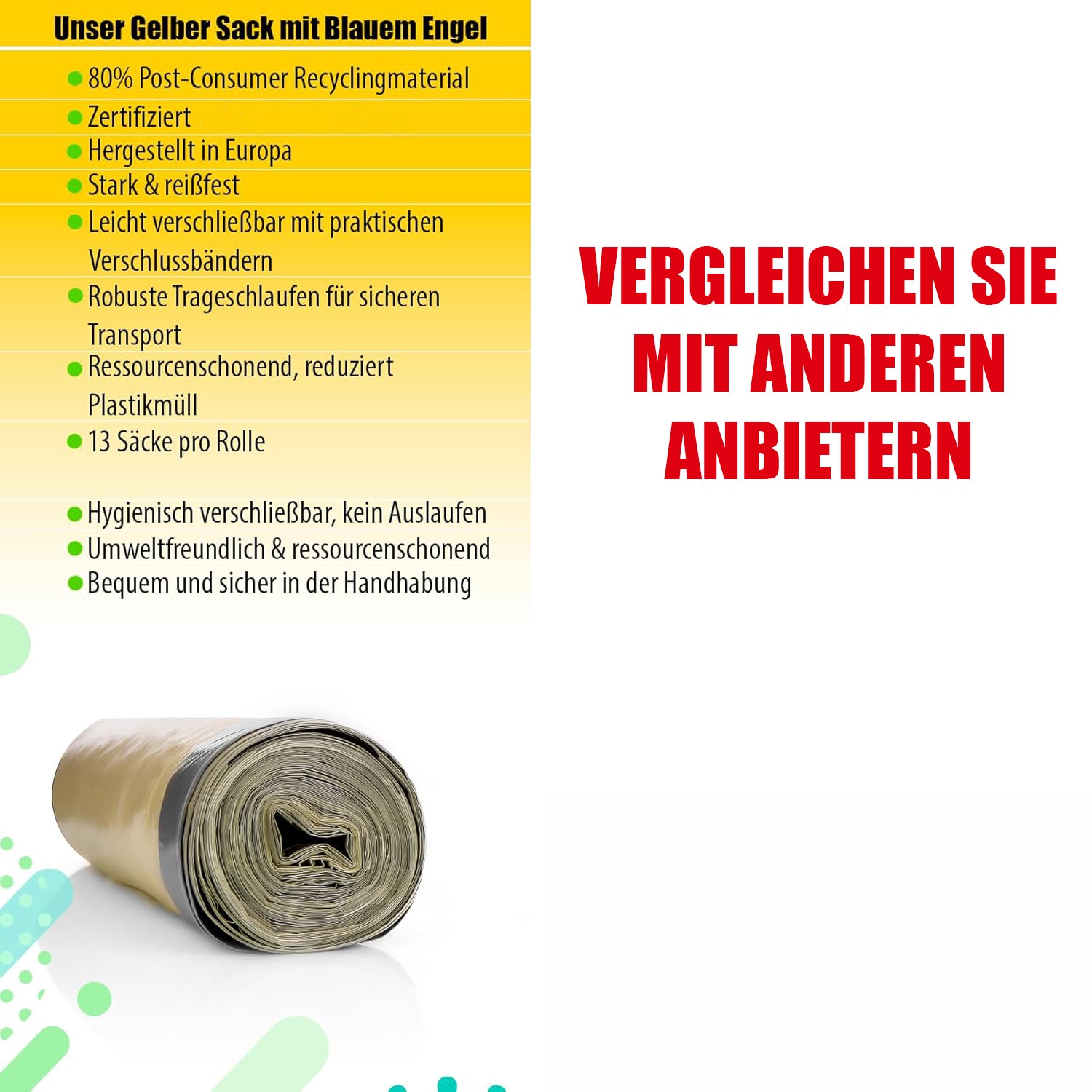 BigDean Haushalt Gelber Sack Mülleimer 60L mit 10 Rollen luftdicht