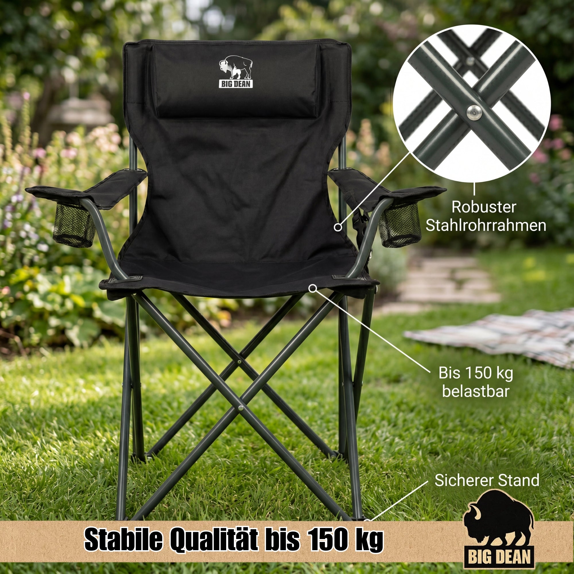 BigDean Garten Campingstuhl XXL 150 kg 2er Set mit Halter