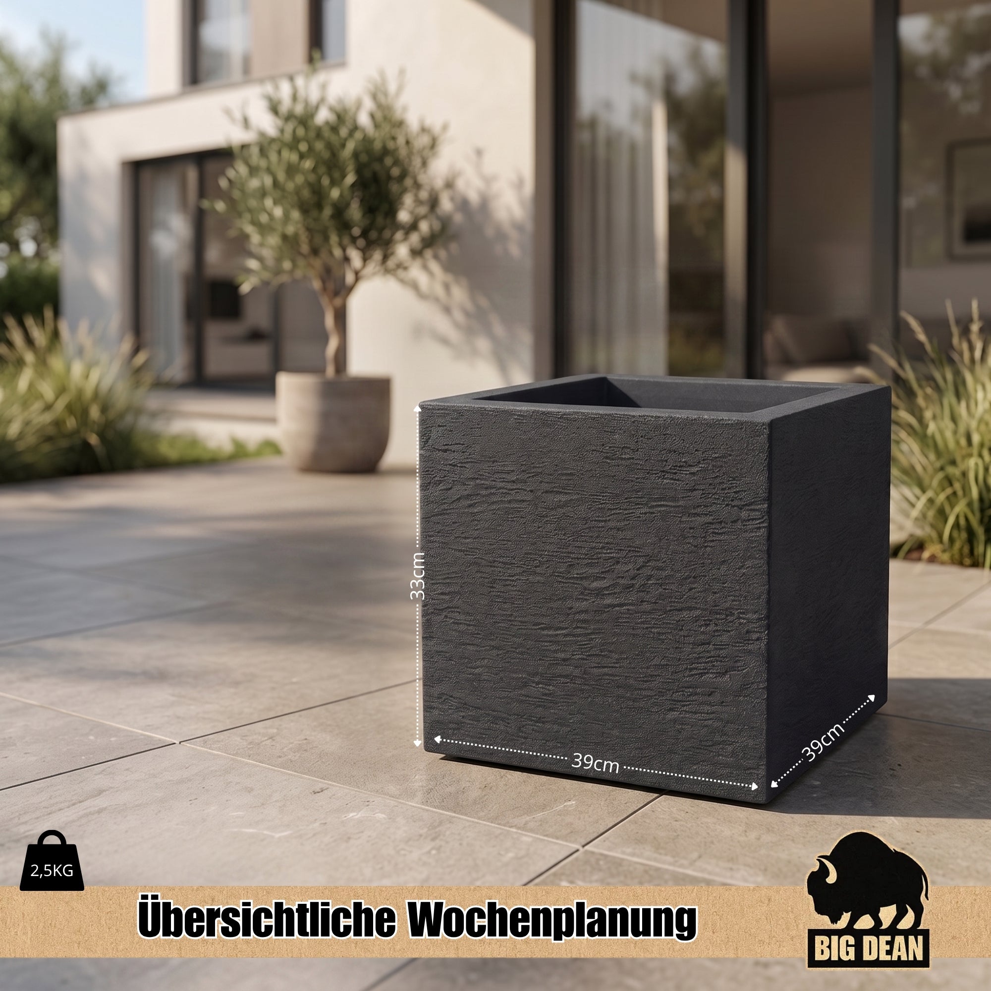 BigDean Garten Blumentopf 39x39cm Anthrazit 2er Set Steinoptik