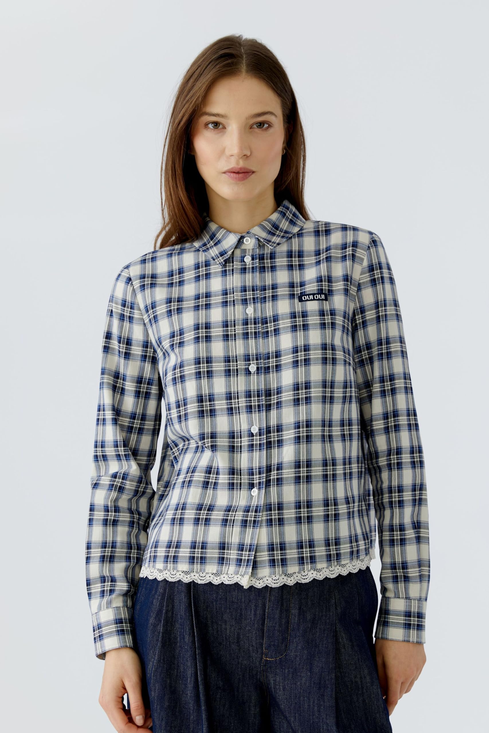Oui Blouses Hemdbluse kariert Spitze Größe 40