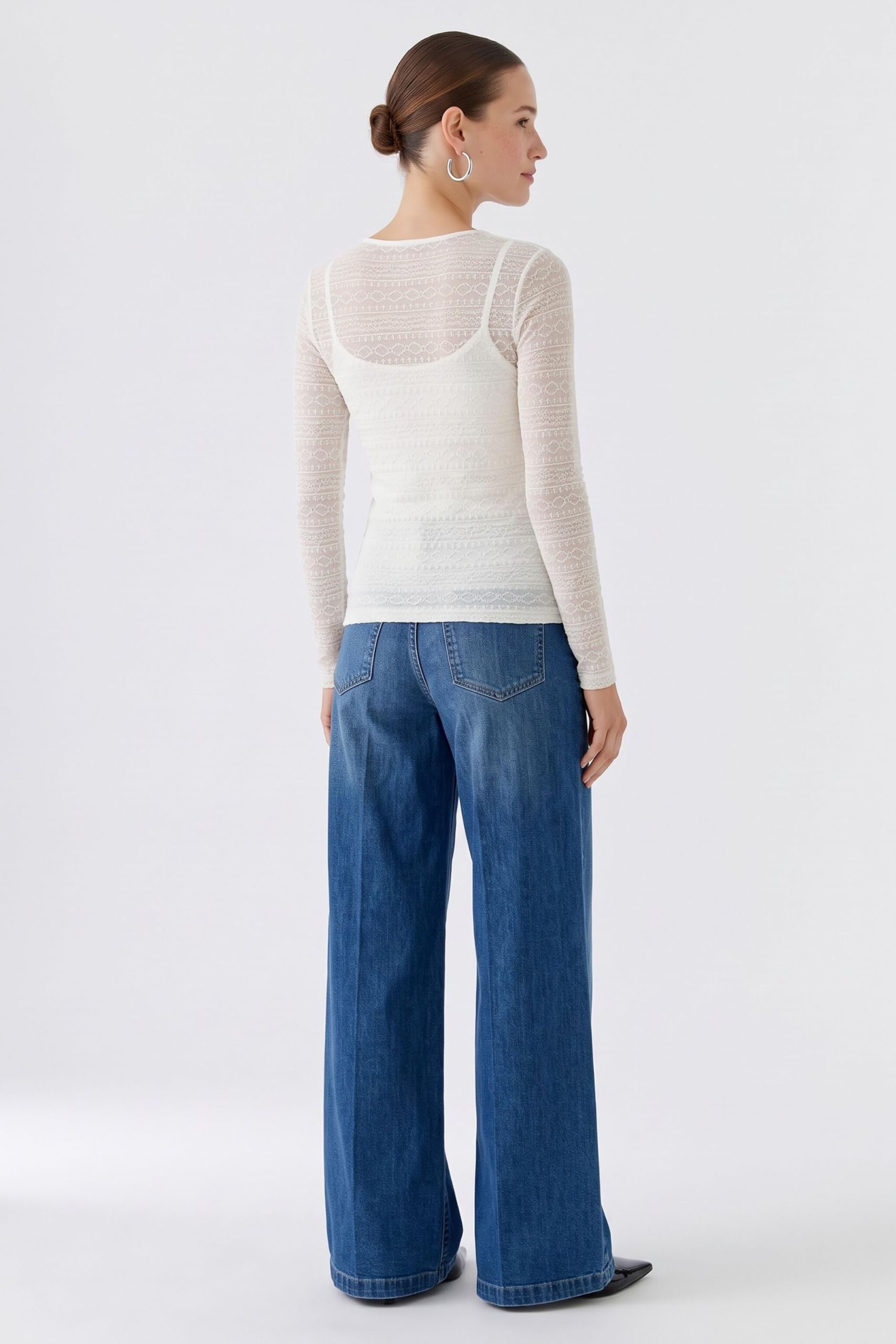 Oui Shirts & Tops Langarmshirt Spitze Gardenia schmal