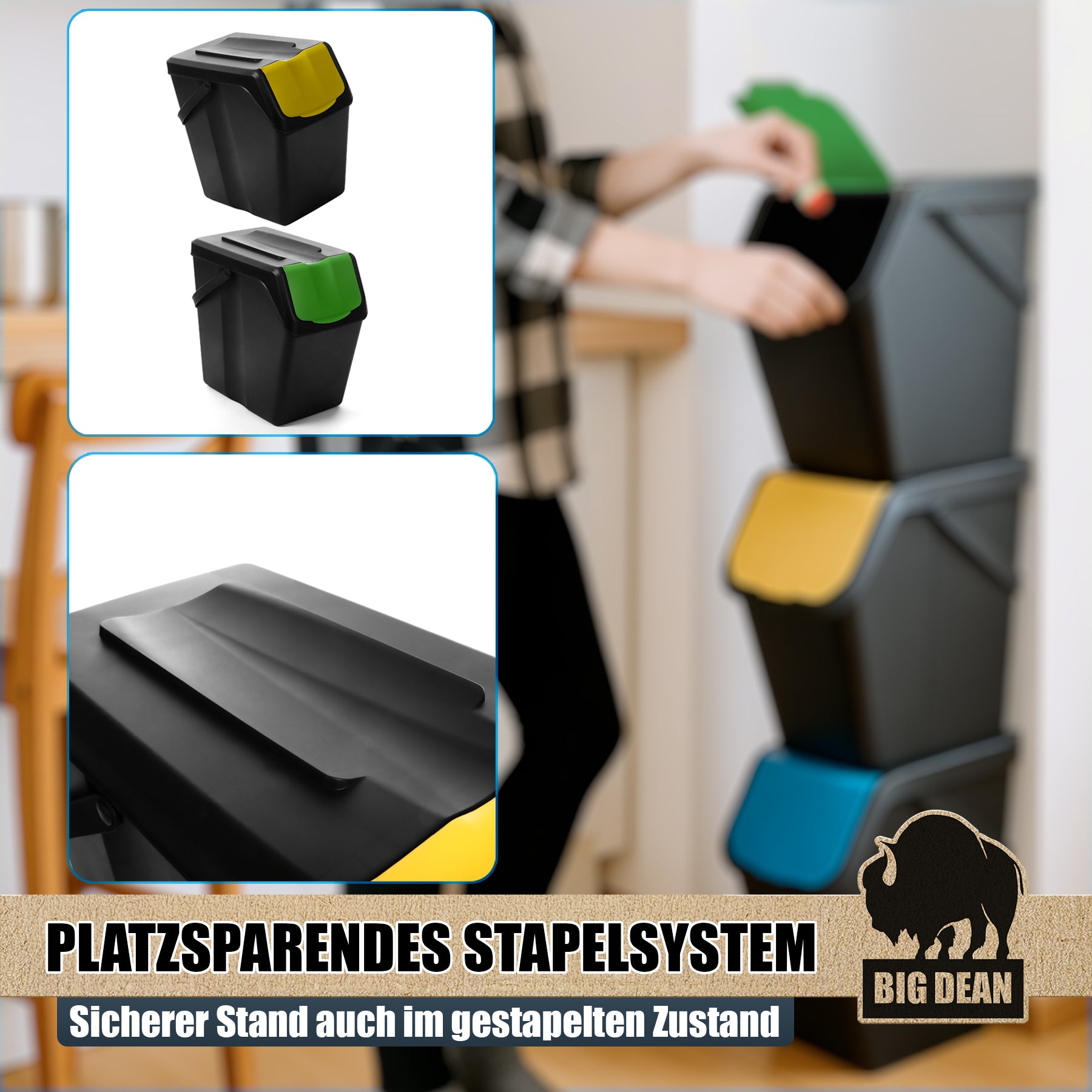 BigDean Haushalt Mülltrennsystem 3x 25 L stapelbar 3 Fächer