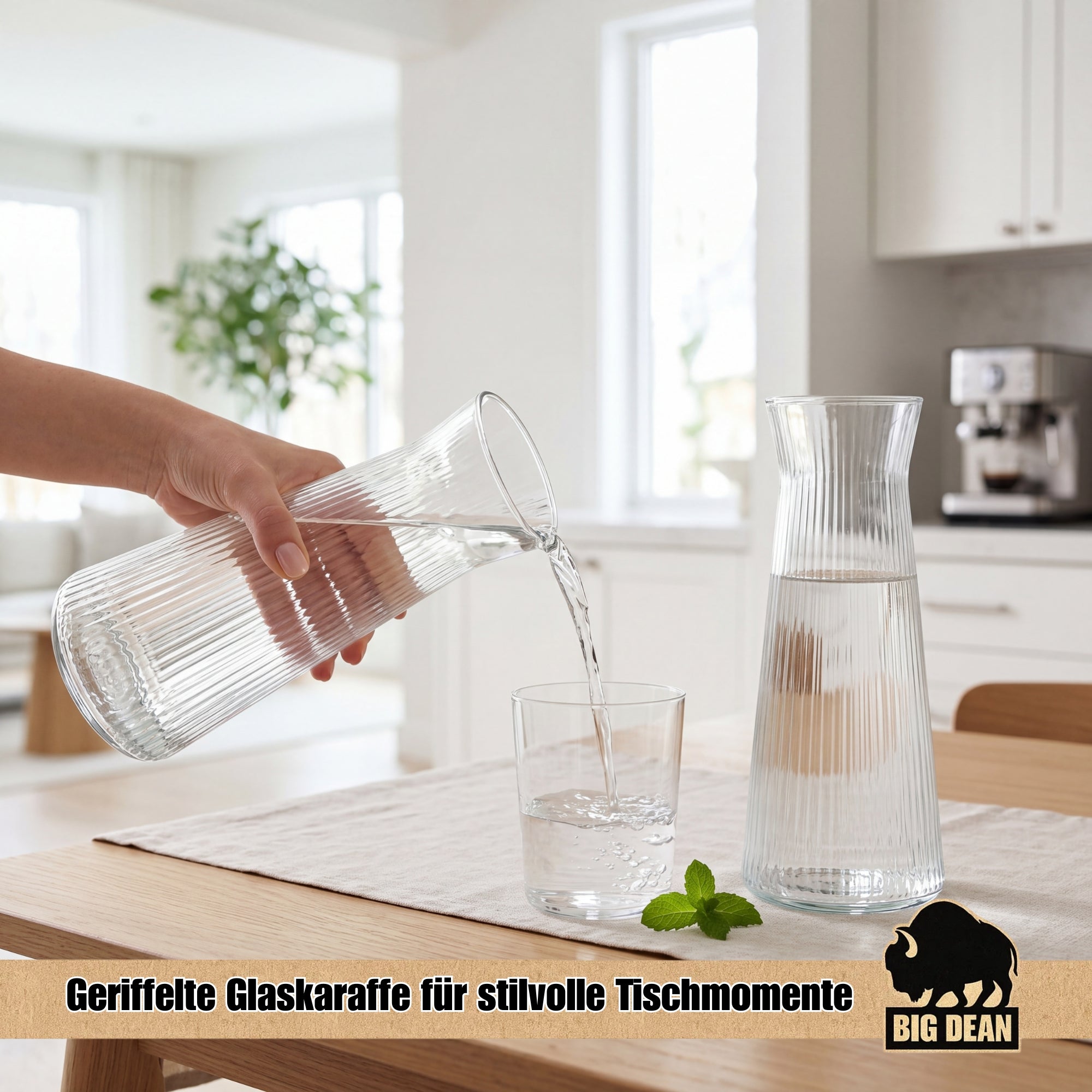 BigDean Küche Wasserkaraffe Glas 1L geriffelt 2er Set