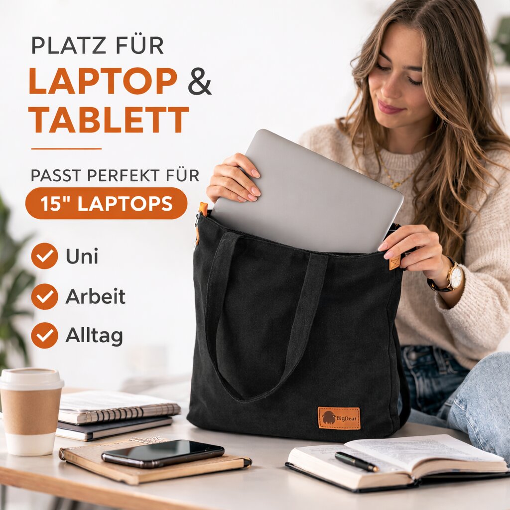 BigDean Canvas Shopper groß mit Reißverschluss für Alltag