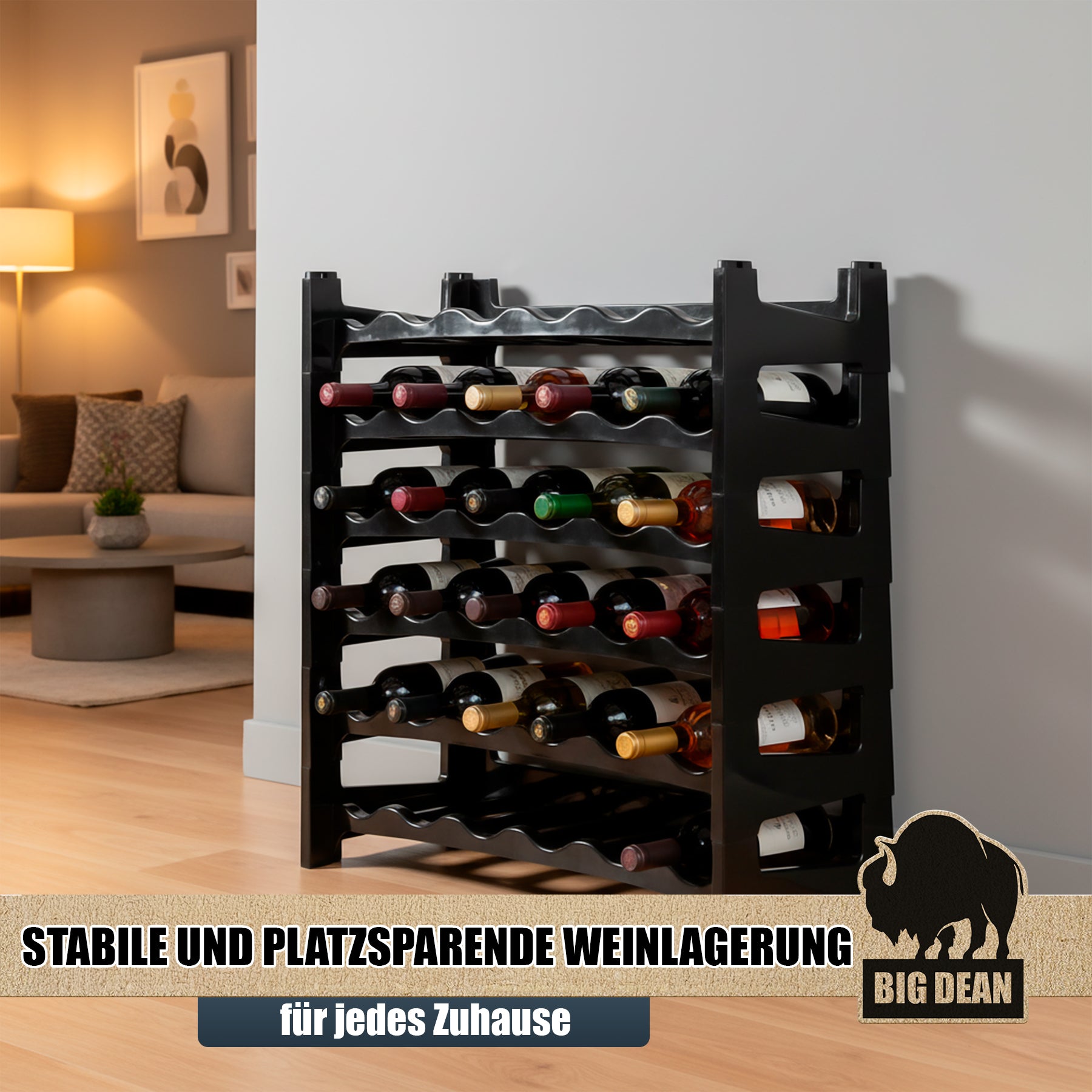 BigDean Flaschenregal 36 Flaschen stapelbar Schwarz 1,5 Liter
