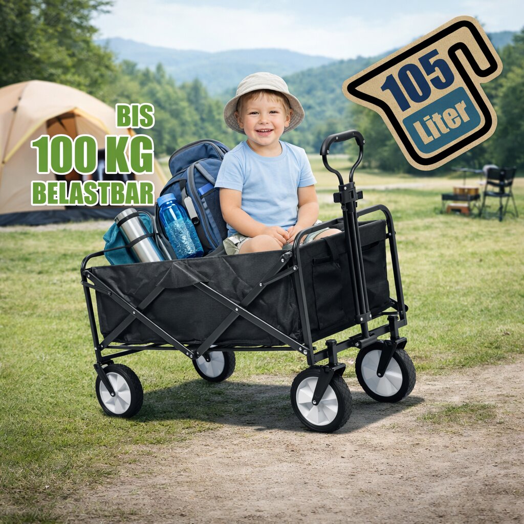 BigDean Bollerwagen faltbar 105L bis 100 kg Netztaschen