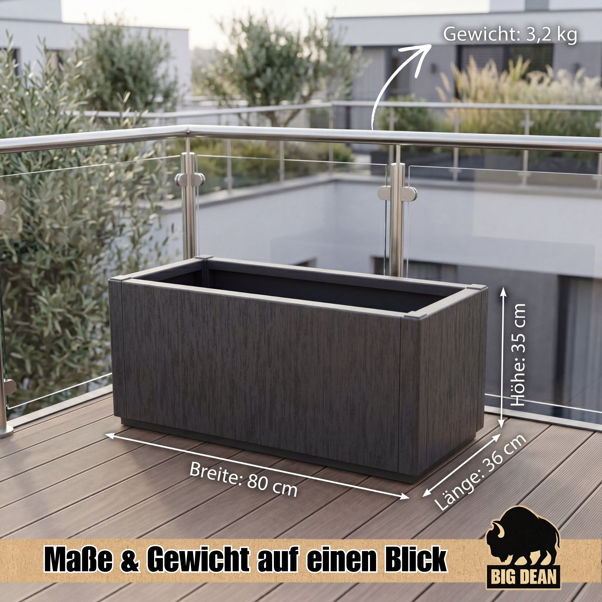 BigDean Blumenkasten 80 L Pflanzkübel 80x36x35 anthrazit