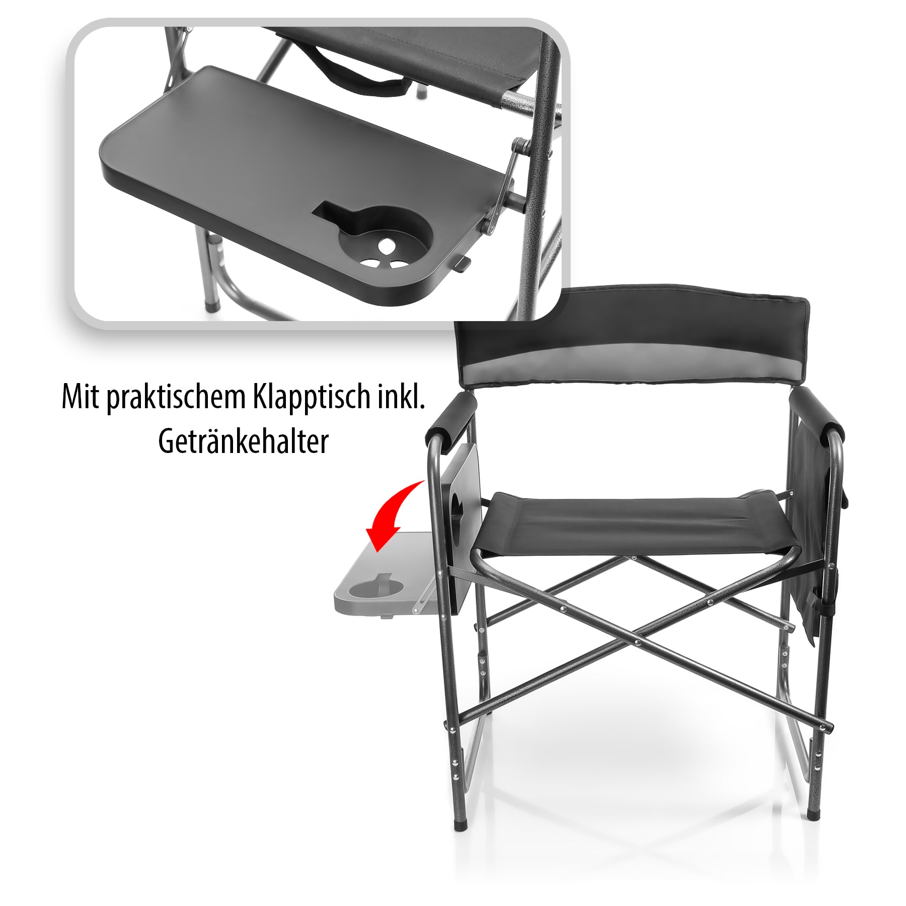 BigDean Campingstuhl 150kg mit Tisch Getränkehalter Grau