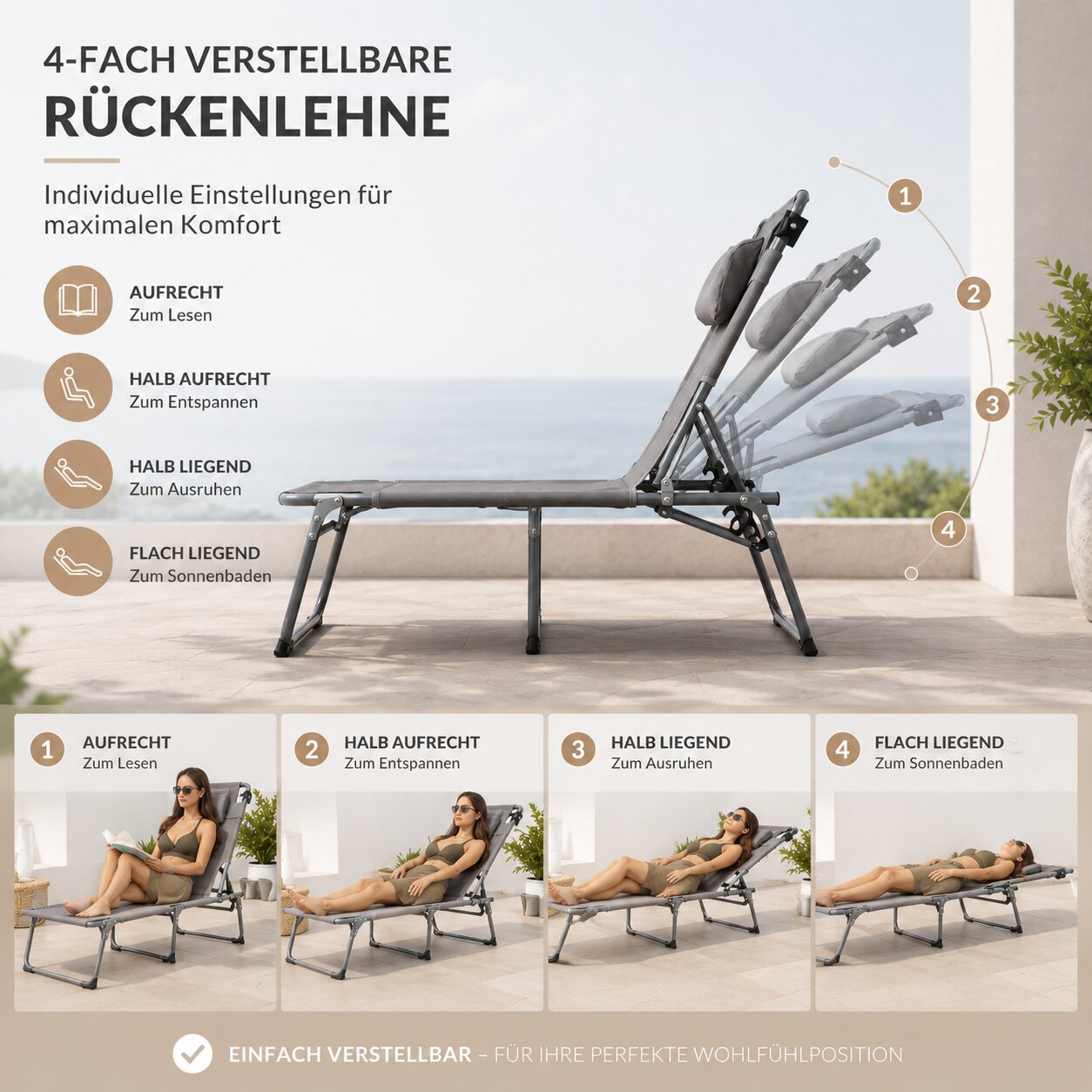 BigDean Sonnenliege klappbar grau gepolstert 150 kg
