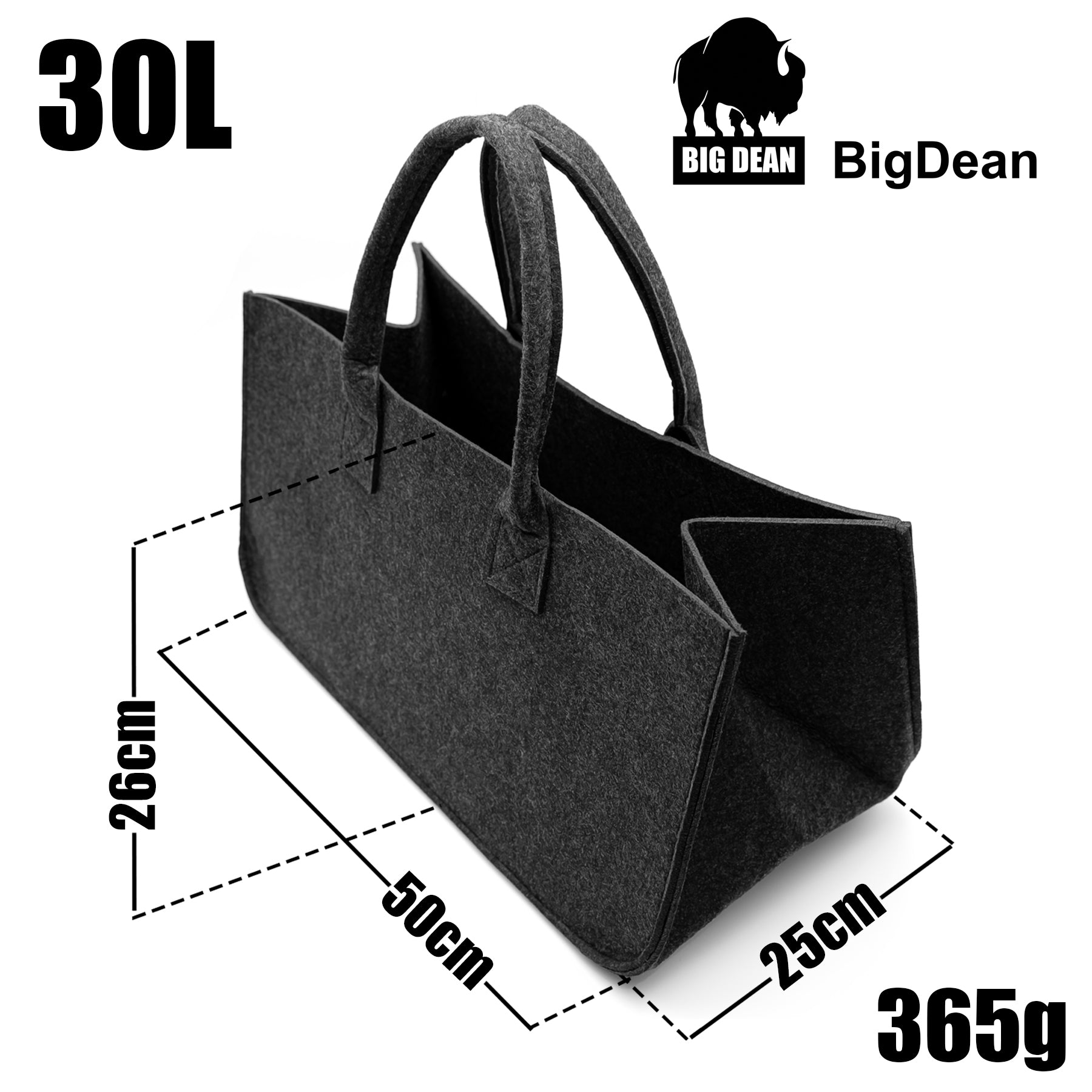 BigDean Filztasche Groß Anthrazit 30L Kaminholzkorb 2 Stück
