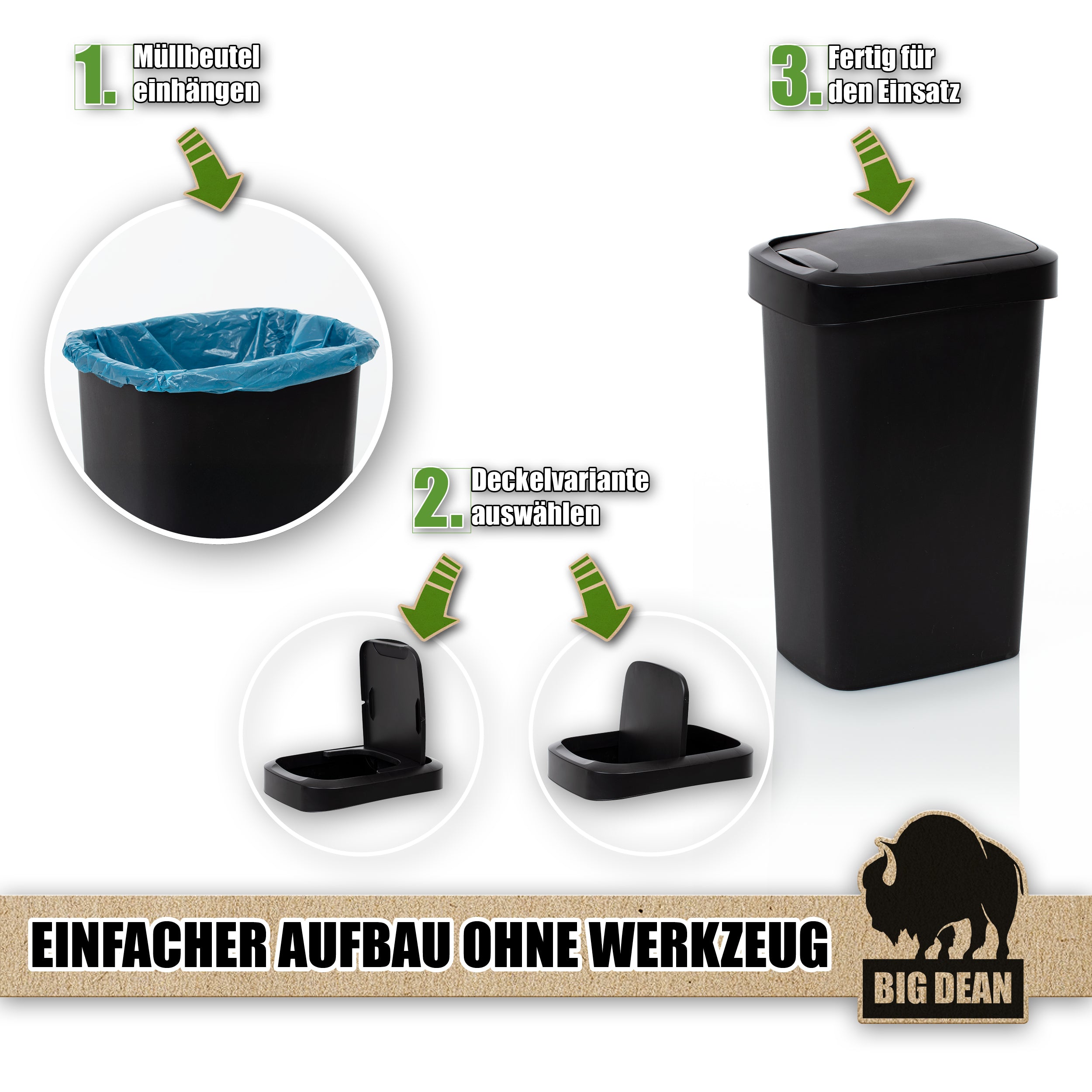 BigDean Mülleimer 50 Liter schwarz Schwingdeckel