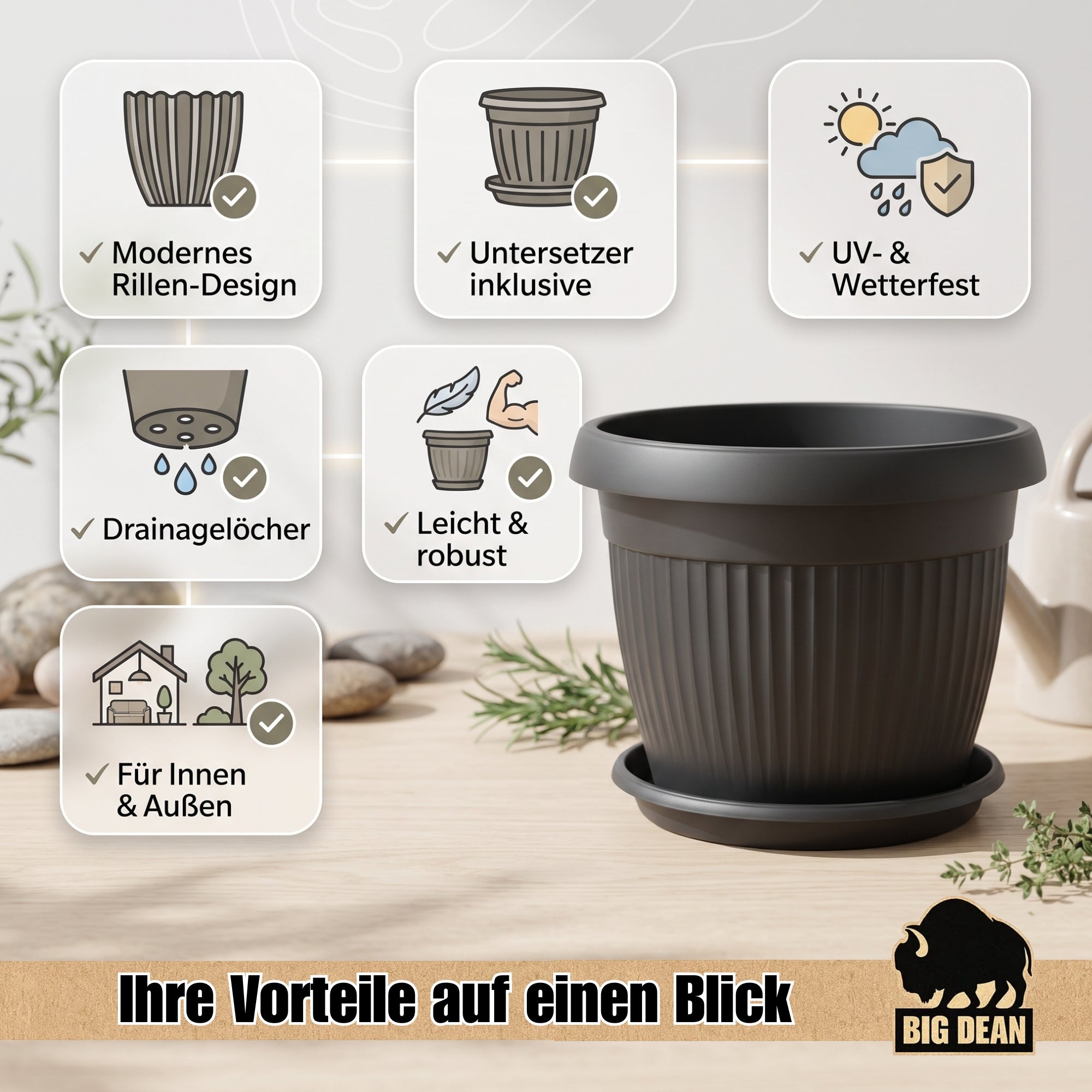 BigDean Blumentopf 62cm Anthrazit mit Untersetzer Pflanzkübel