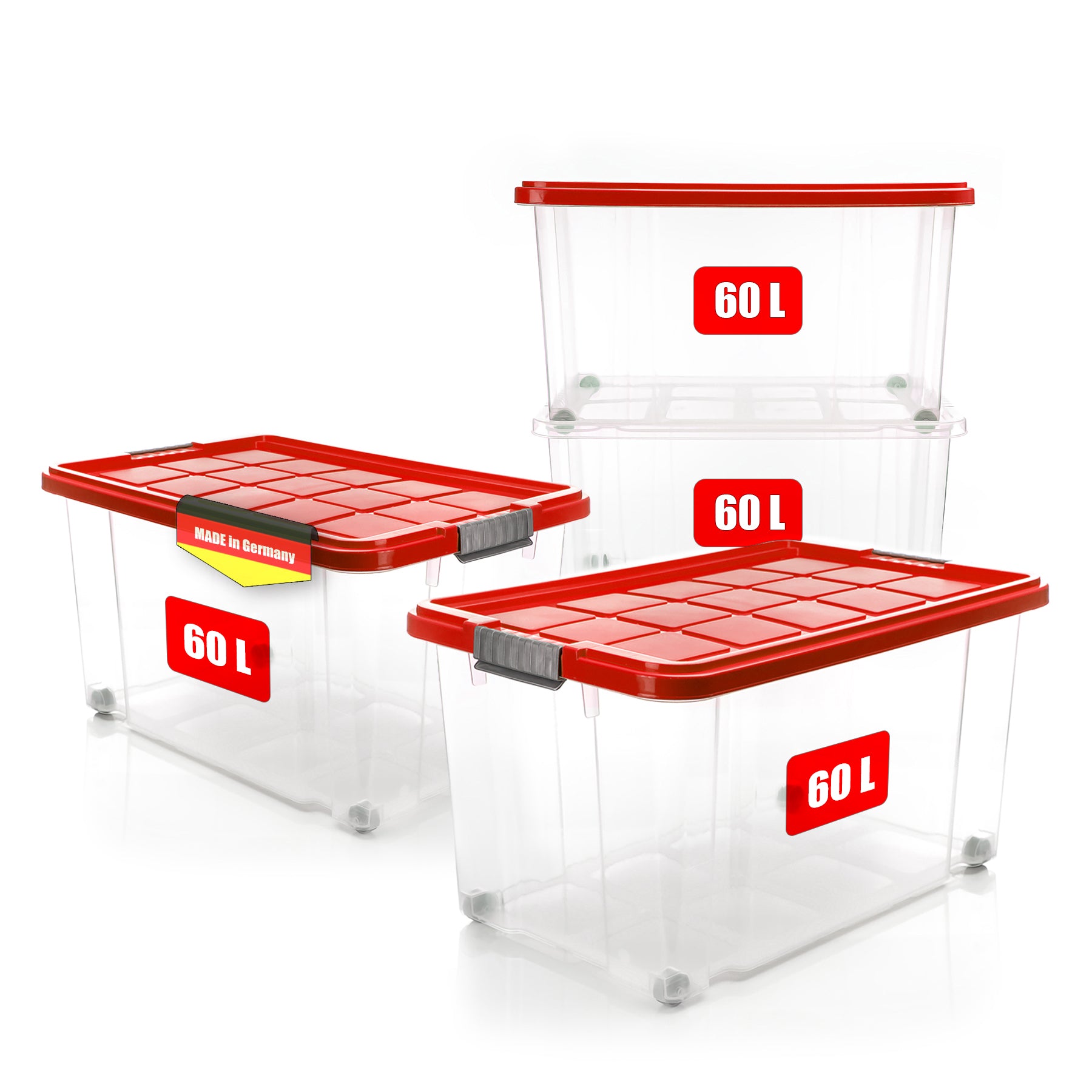 BigDean Aufbewahrungsbox 60L 4er Set Box mit Deckel Rot