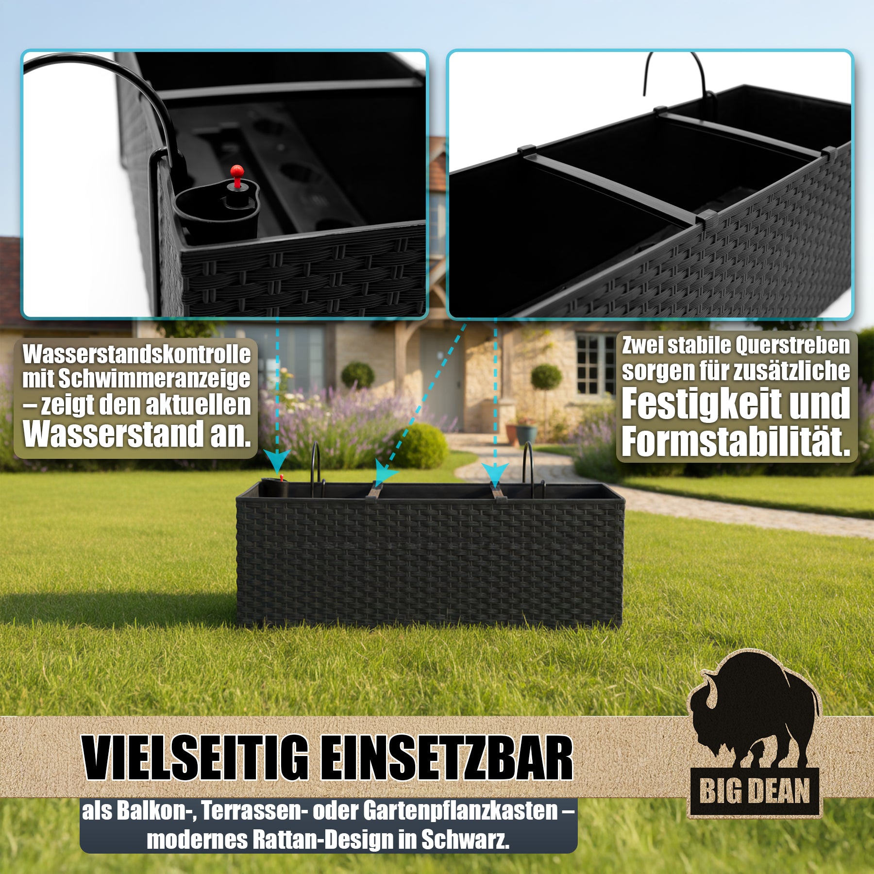 BigDean Garten Blumenkasten 50cm Wasserspeicher 2er Set Rattan