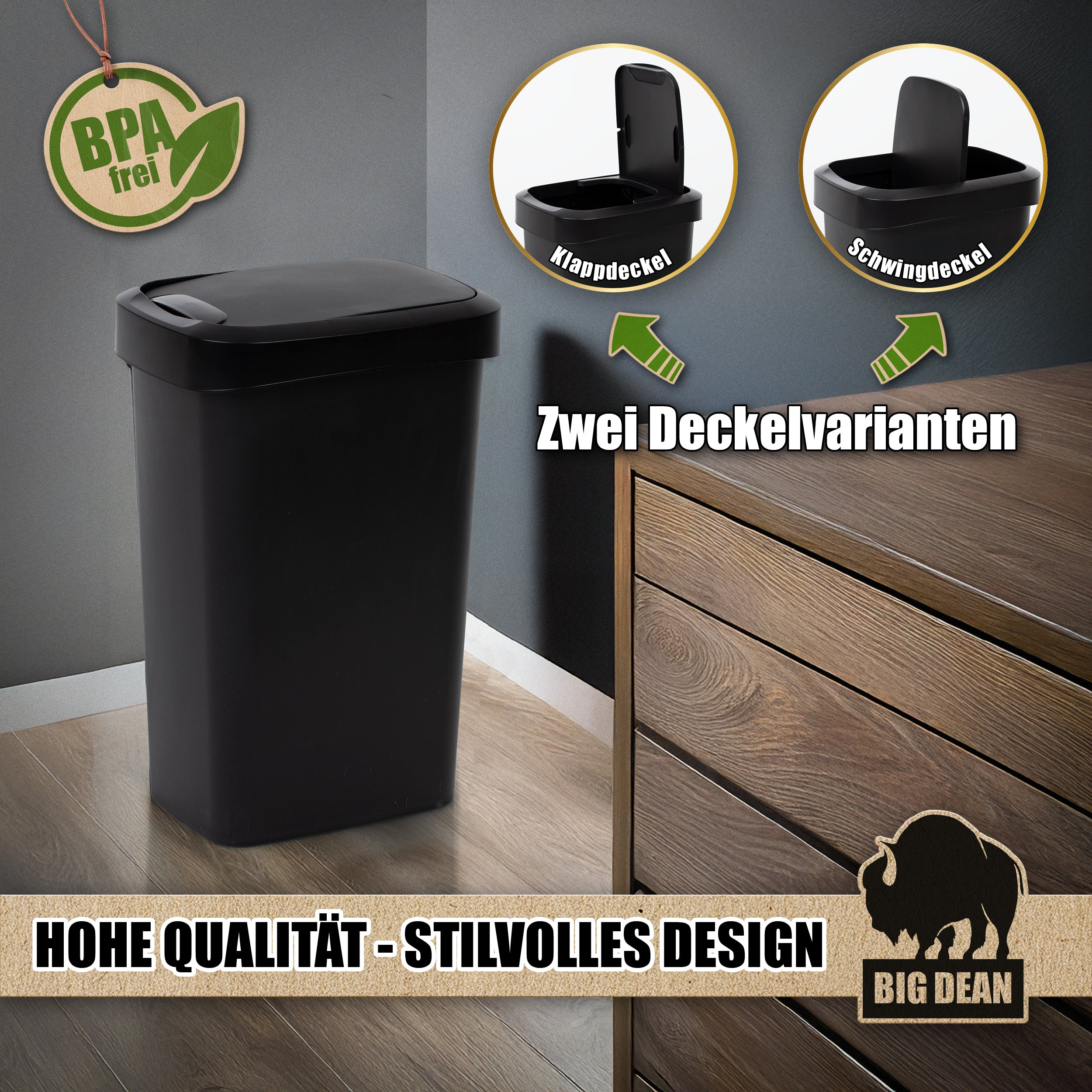 BigDean Haushalt & Alltag Mülleimer 50 Liter Schwarz 2 Stück