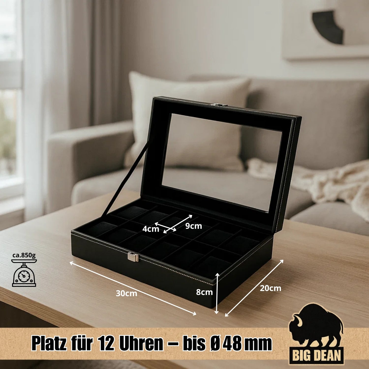 BigDean Aufbewahrung Uhrenbox 12 Uhren Glasdeckel Schwarz