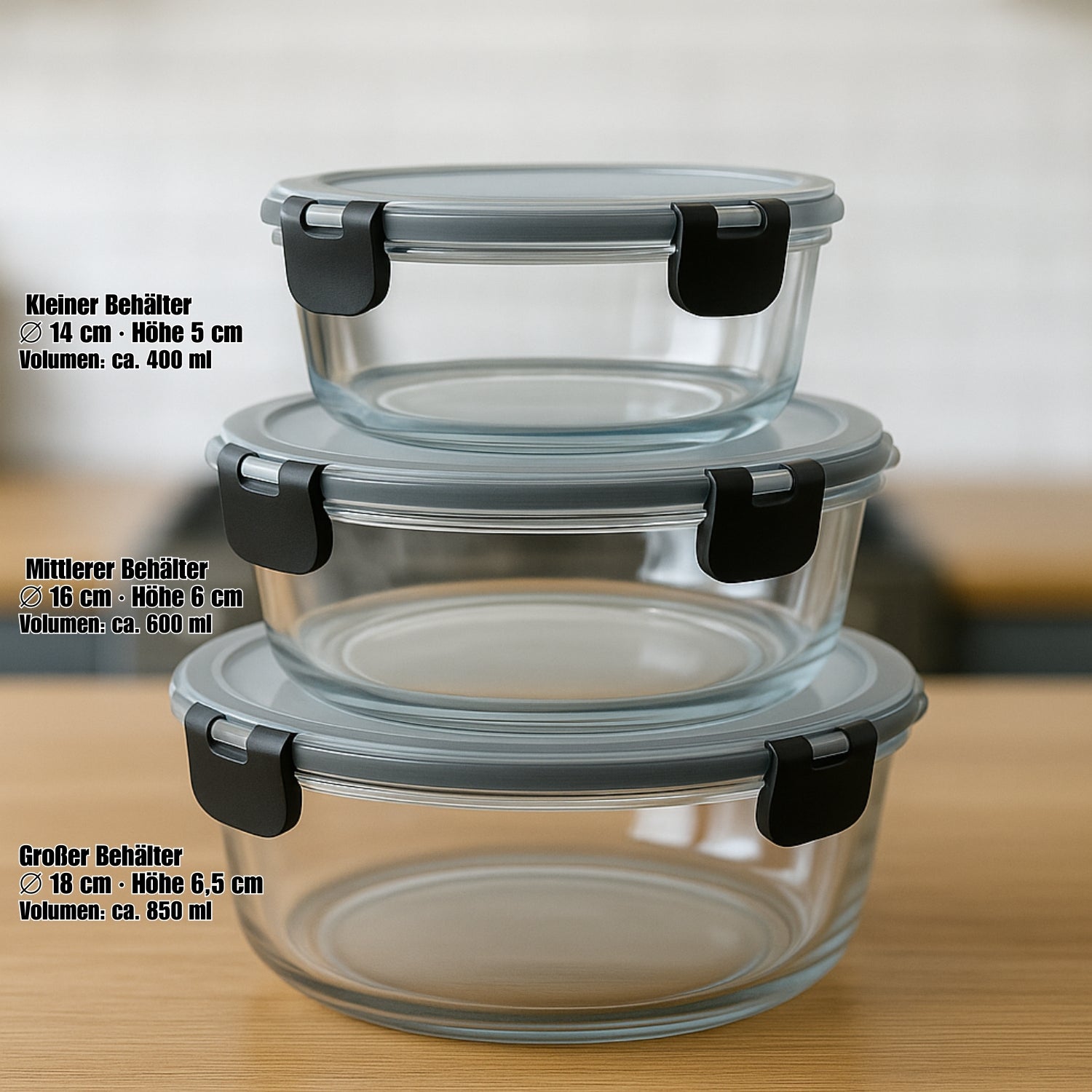 BigDean Küche & Vorrat Glasbehälter mit Deckel 3er Set 400-850 ml