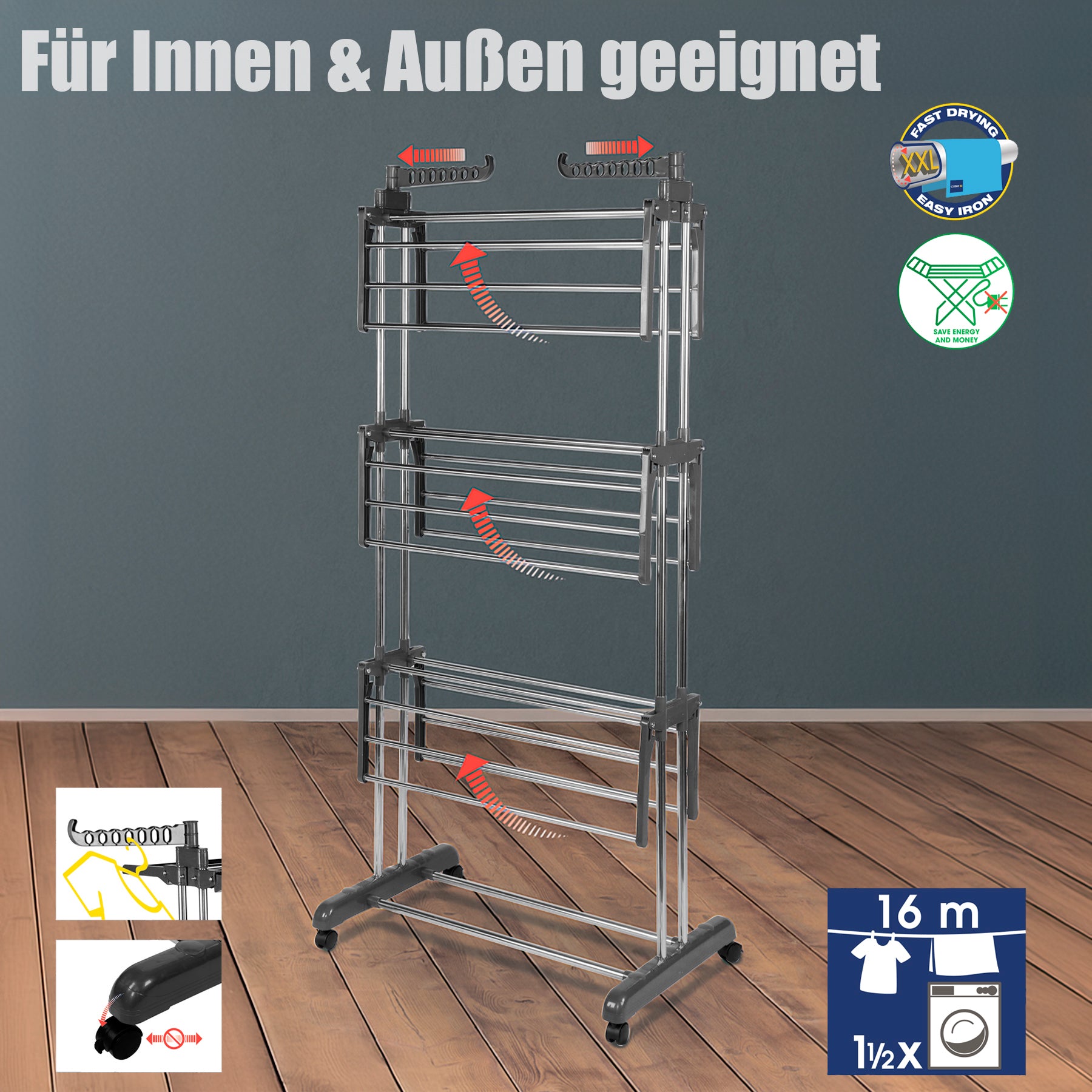 BigDean Haushalt Wäscheständer Turm 3 Ebenen 16m Grau
