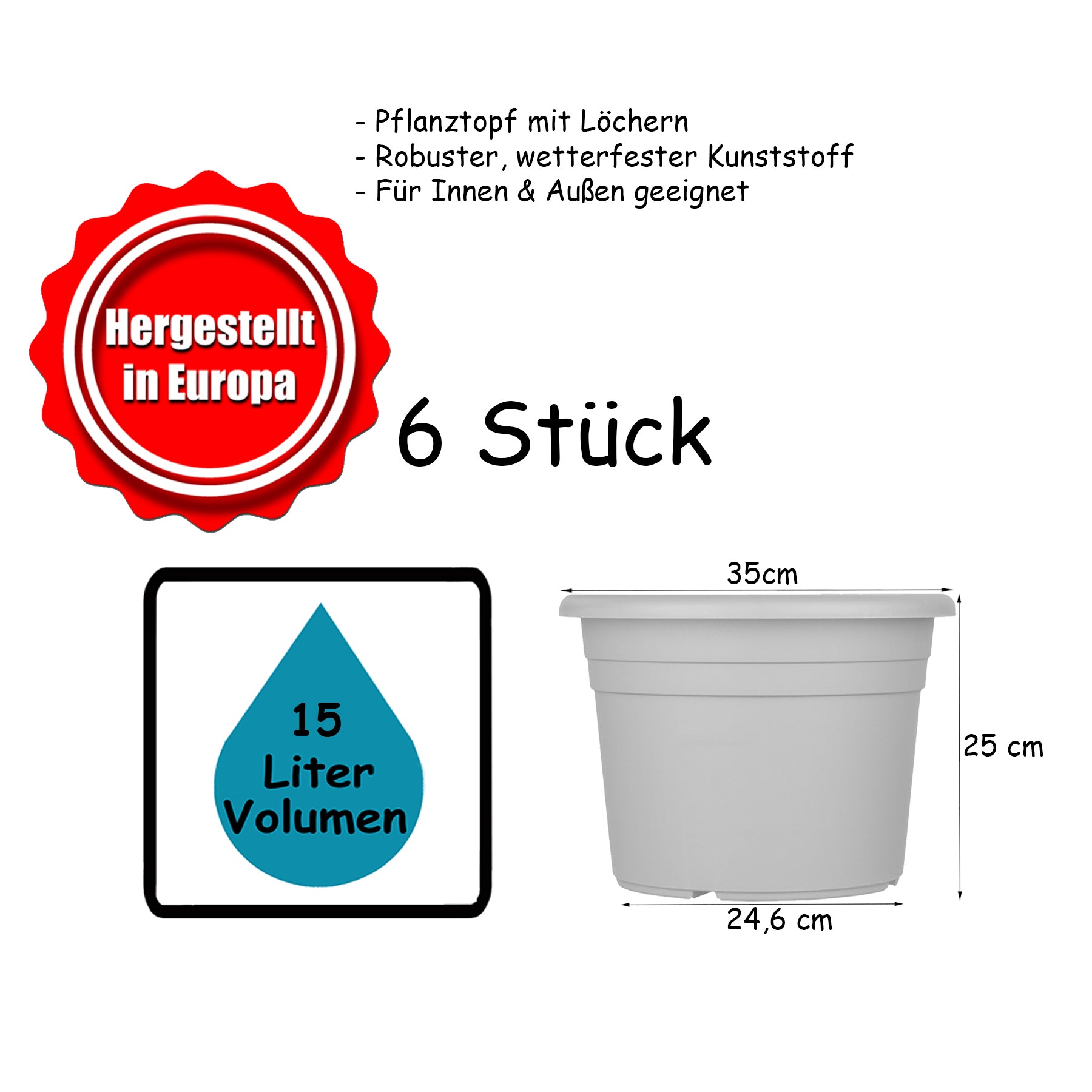BigDean Garten Blumentopf 35 cm Anthrazit 6er Set Kunststoff