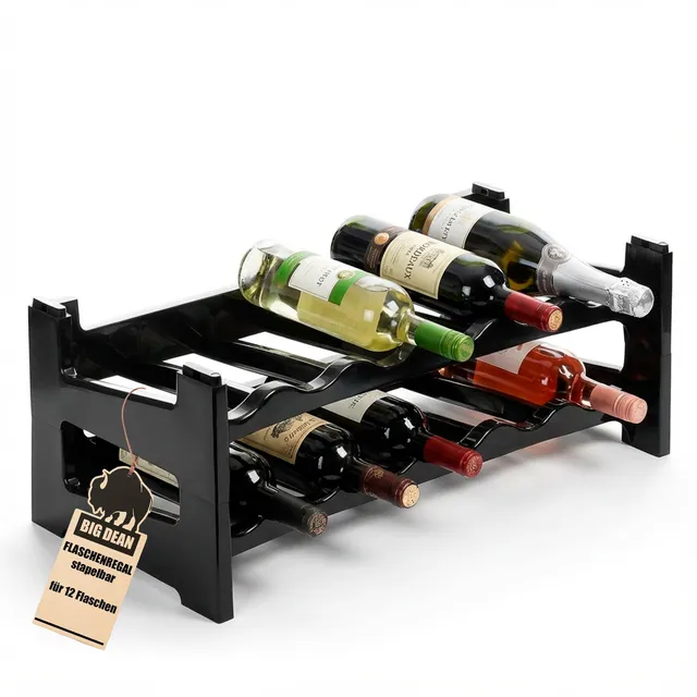 BigDean Flaschenregal stapelbar 12 Flaschen schwarz Kunststoff
