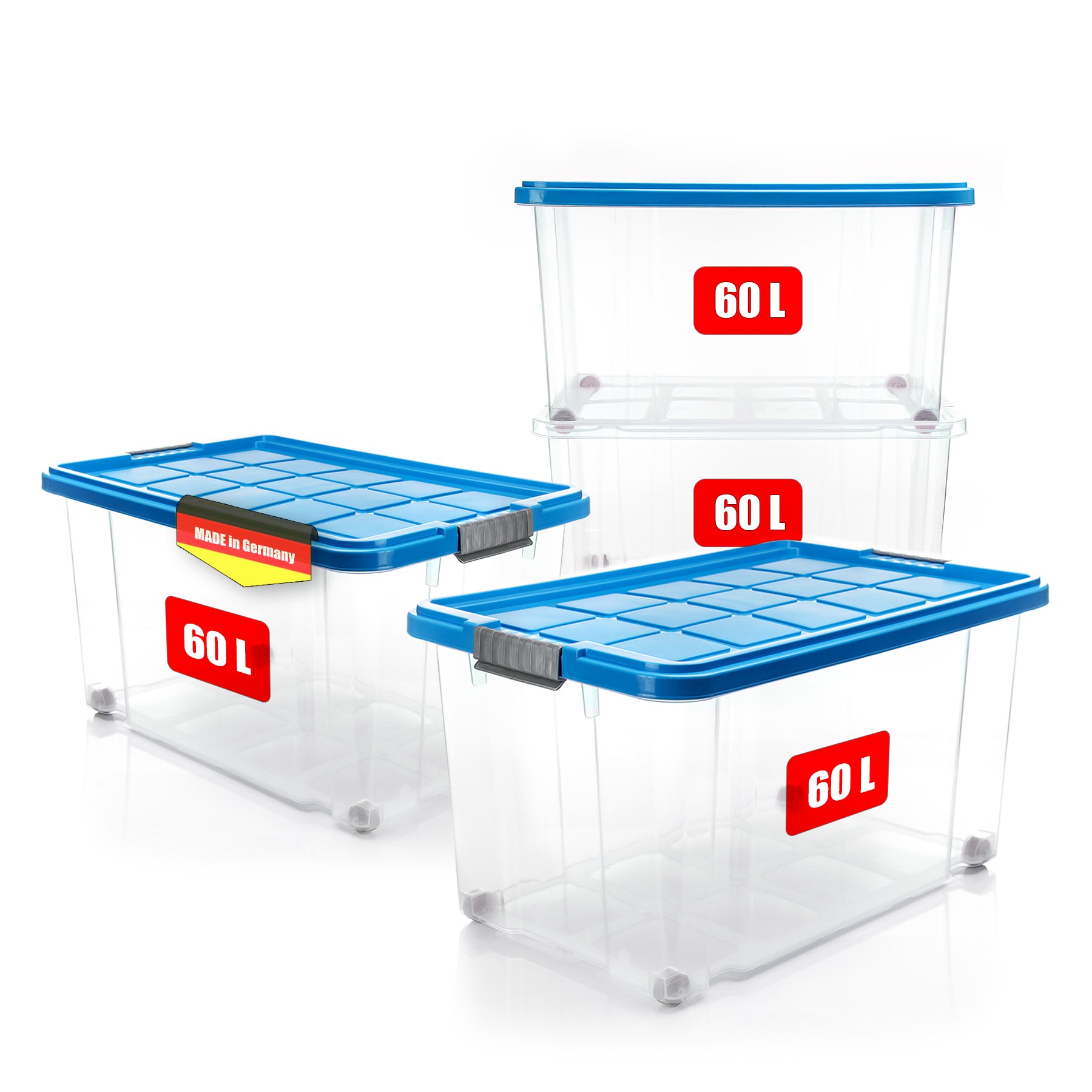 BigDean Aufbewahrungsbox 60 L Azurblau Deckel 4 Stück Stapelbar