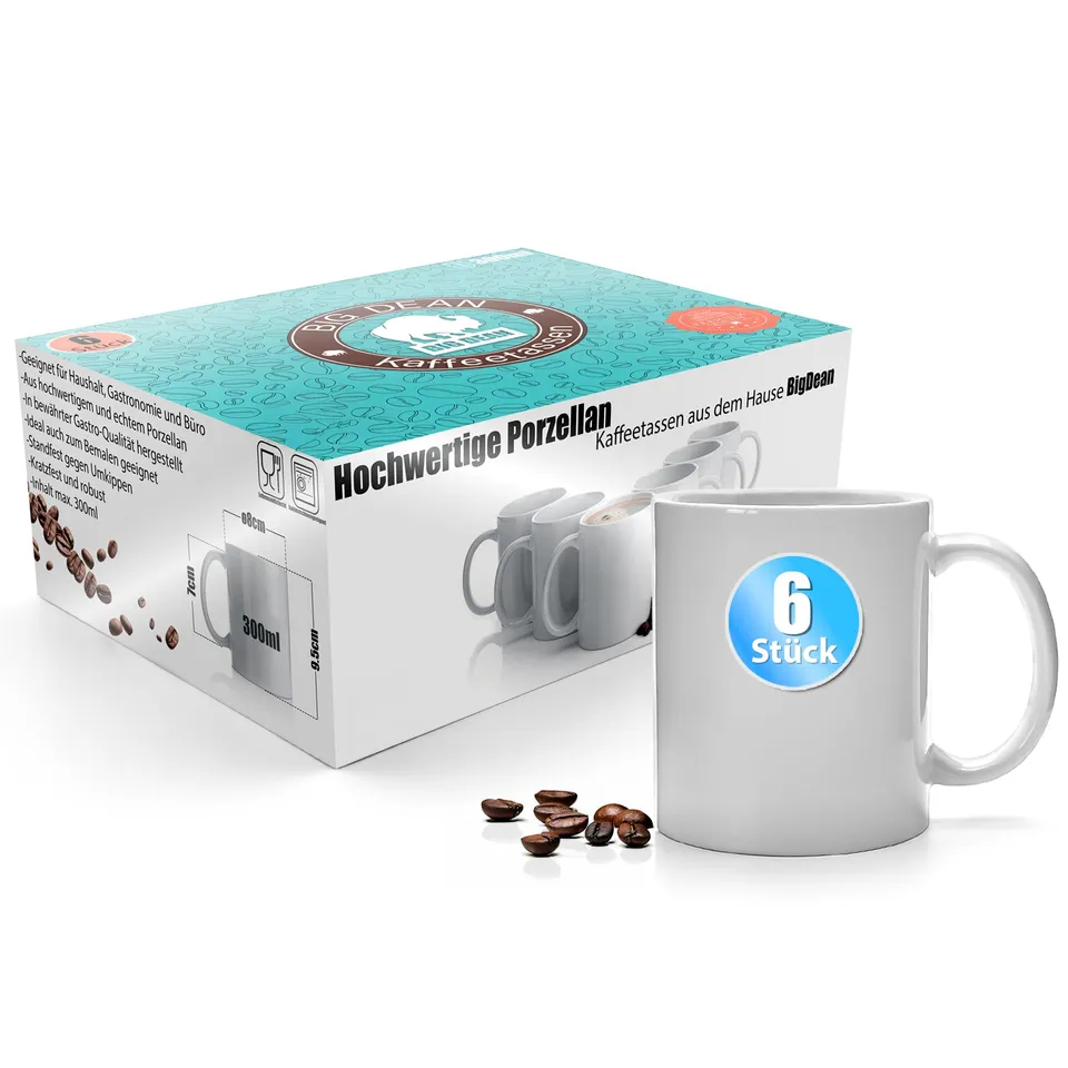 BigDean Kaffeebecher weiß 300ml Porzellan 6er Geschenkset