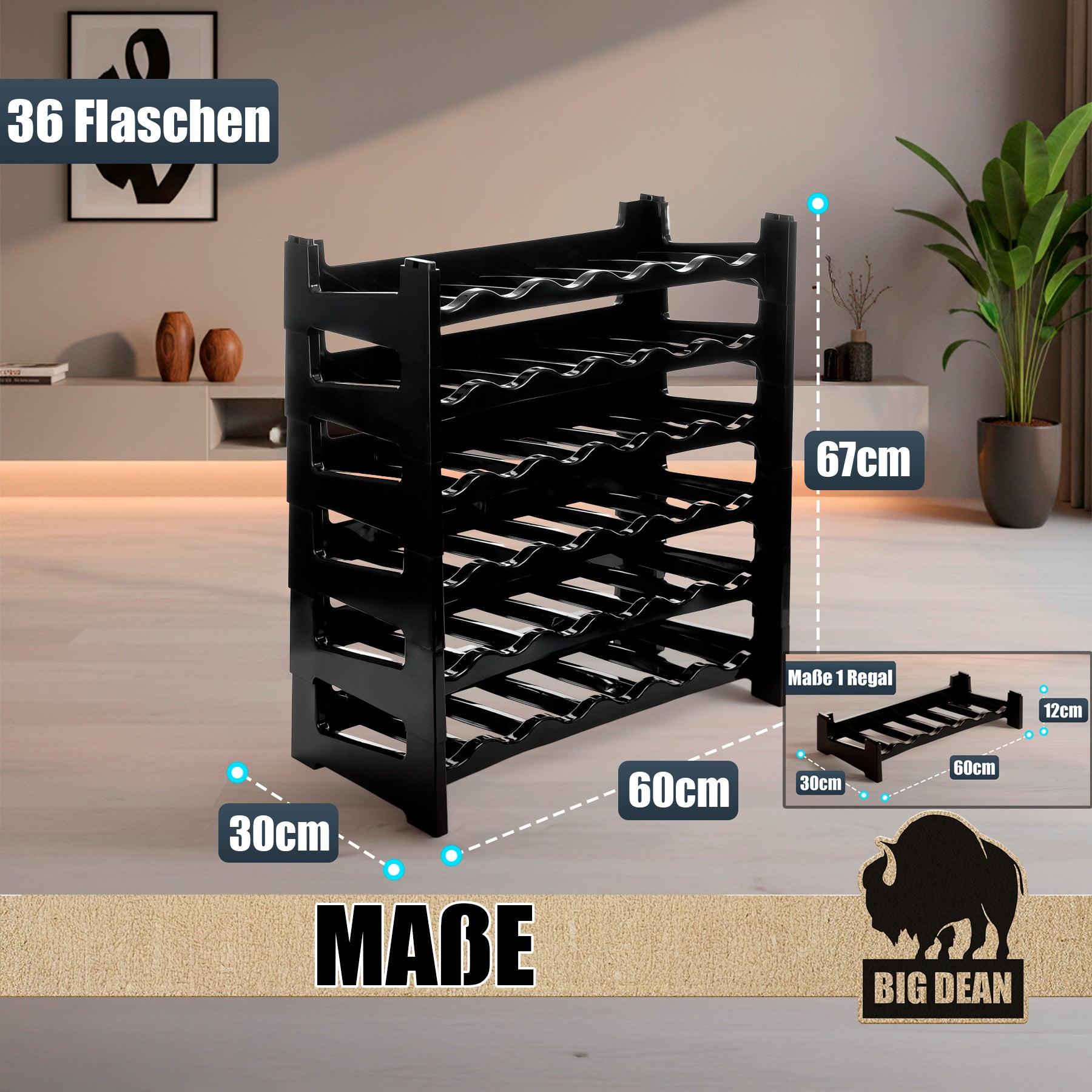 BigDean Flaschenregal 36 Flaschen stapelbar Schwarz 1,5 Liter