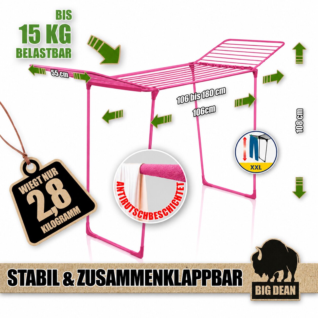 BigDean Wäscheständer Kirschblüte 20m Grip extra hoch