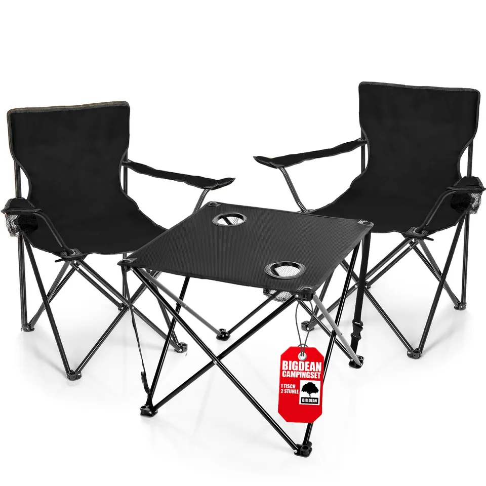 BigDean Campingset Tisch mit Stühlen schwarz 2 Personen faltbar