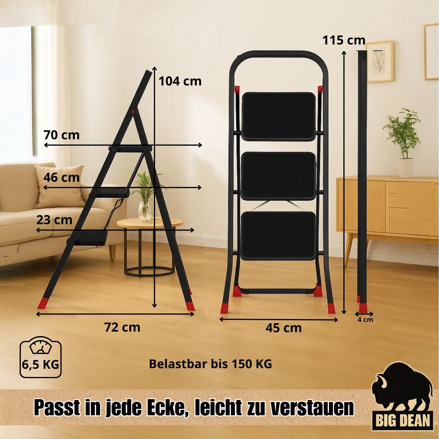 BigDean Haushalt Trittleiter 3 Stufen klappbar TÜV 150 kg