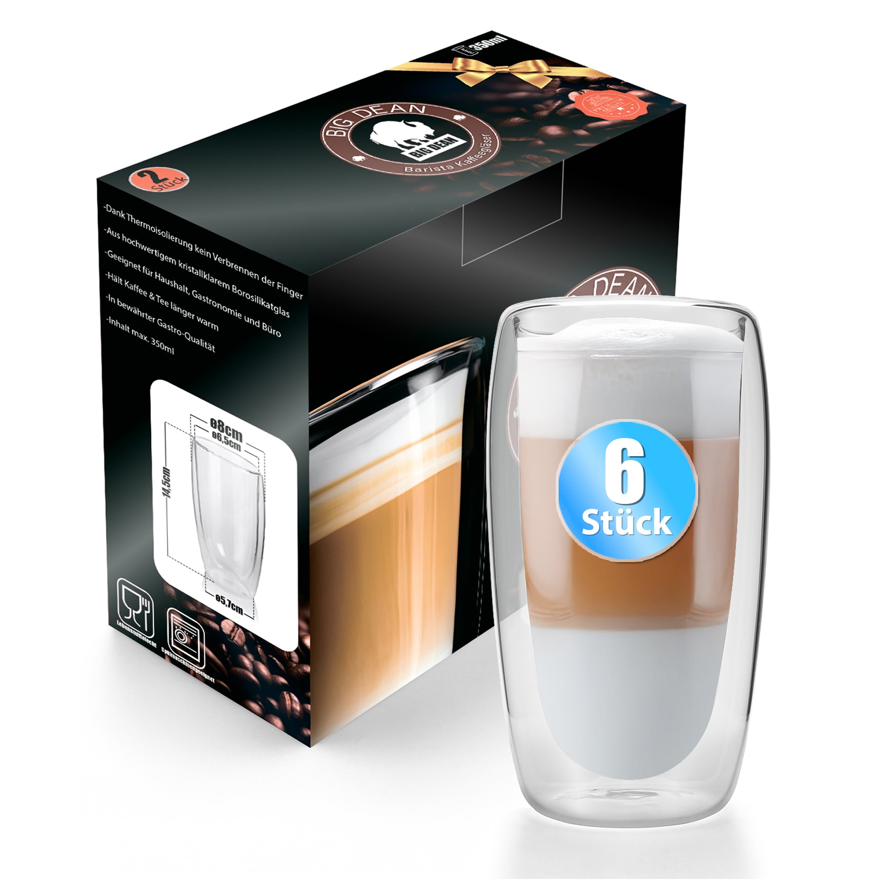 BigDean Küche & Vorrat Latte Macchiato Gläser 350ml 6er doppelwandig