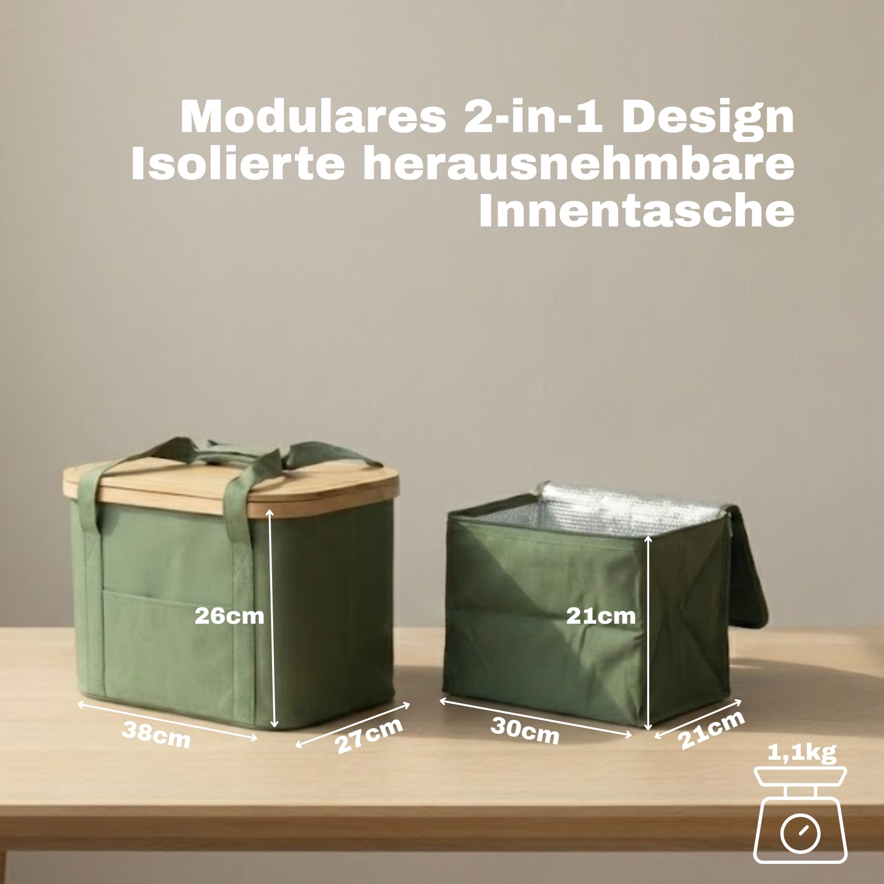 BigDean Picknicktasche 24L Grün 2-in-1 mit Kühltasche Bambus
