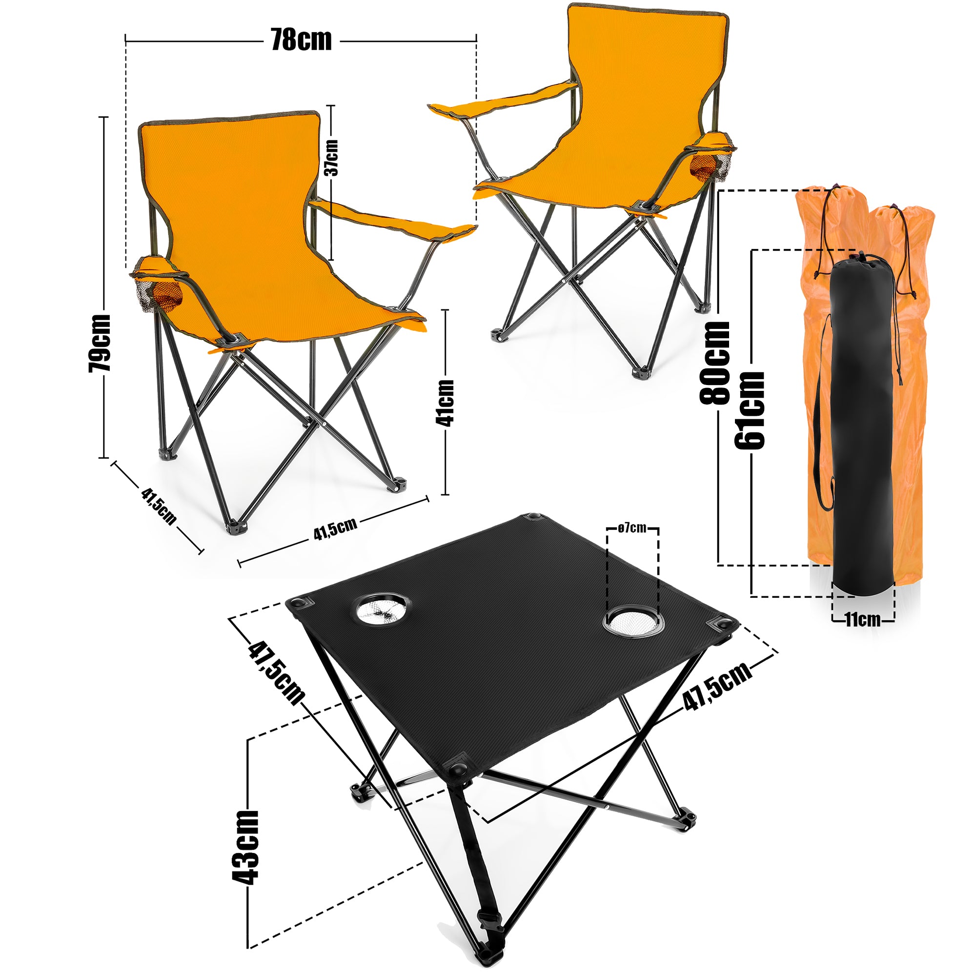 BigDean Garten 2 Campingstuhl mit Campingtisch Faltstuhl Neon Orange