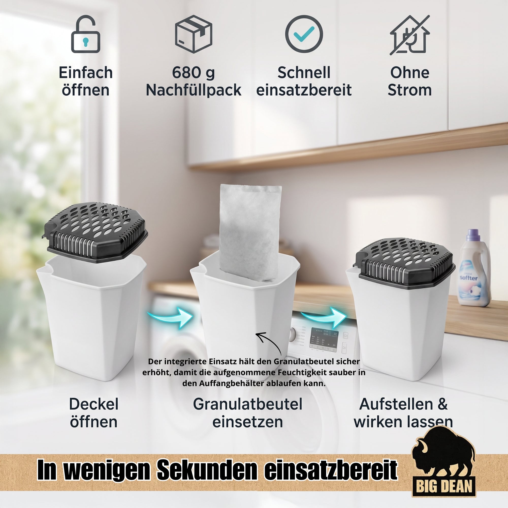 BigDean Bad Luftentfeuchter 4x680ml mit 4x Nachfüllpack